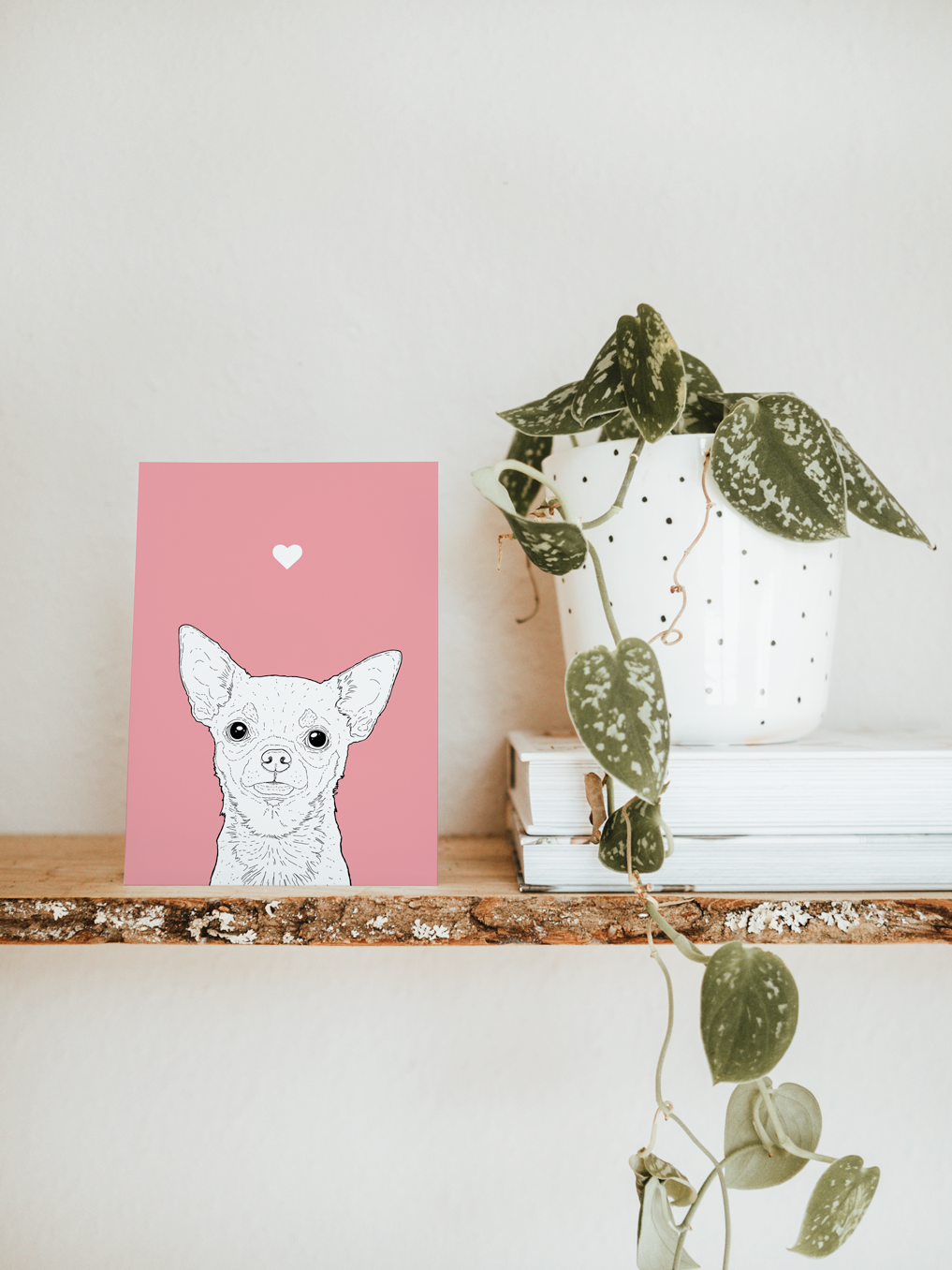An A6 greetings card & white plant pot on a shelf. The card has a pink coloured background, with a black & white digital illustration of the head & shoulders of a Chihuahua dog.