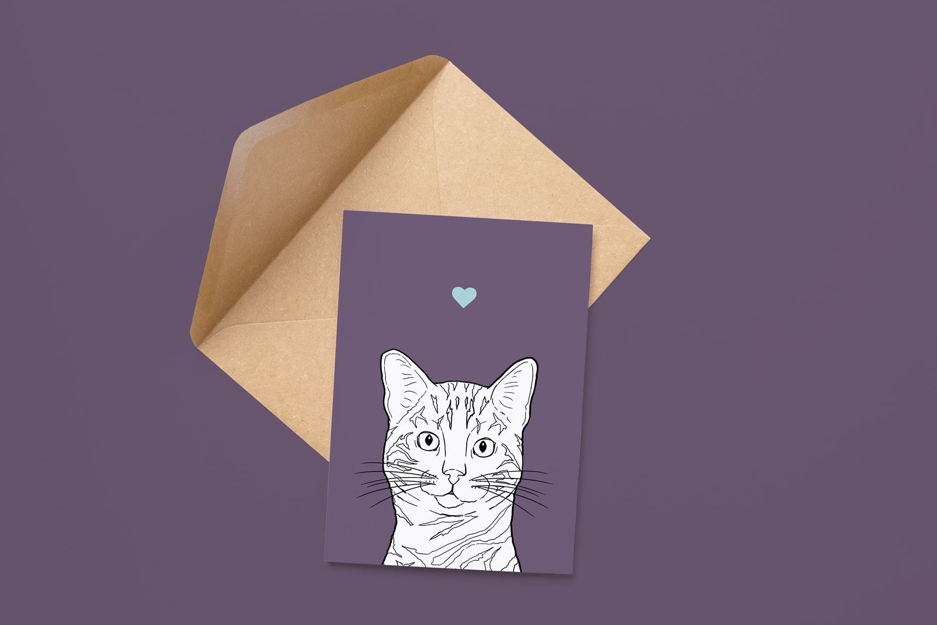 An A6 greetings card on a brown envelope. The card & image have a deep purple background, with a black & white digital illustration of the head & shoulders of a Bengal cat.