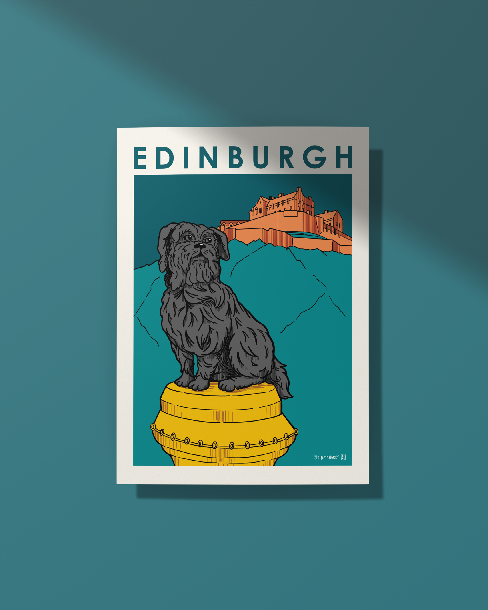 A4 digital illustration of Greyfriars Bobby set against an Edinburgh Castle backdrop. Pinned on a teal green wall.