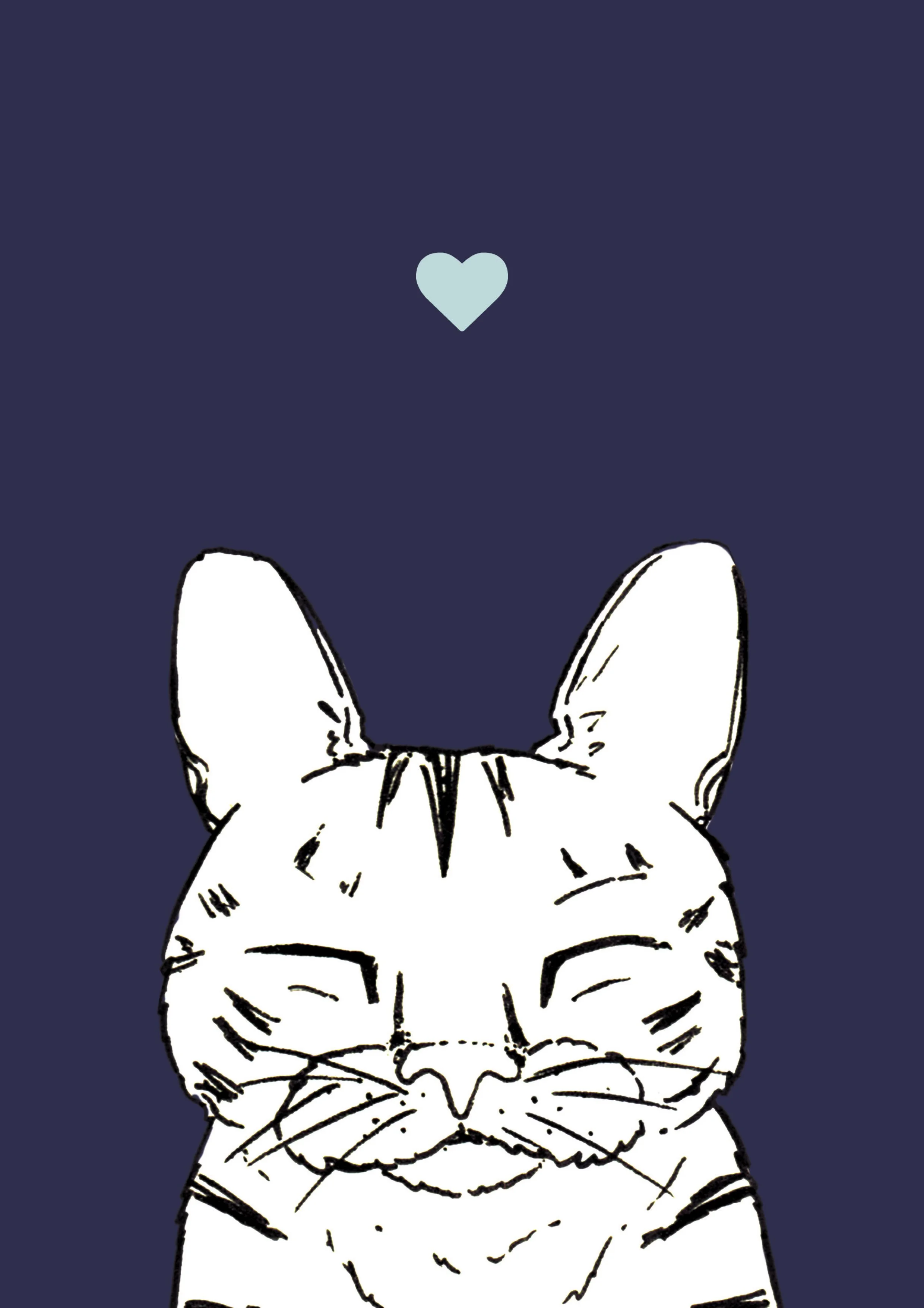 An A4 print with a navy blue background & black & white digital illustration of the head & shoulders of a sleepy cat. A small light blue love heart sits not far above their head.