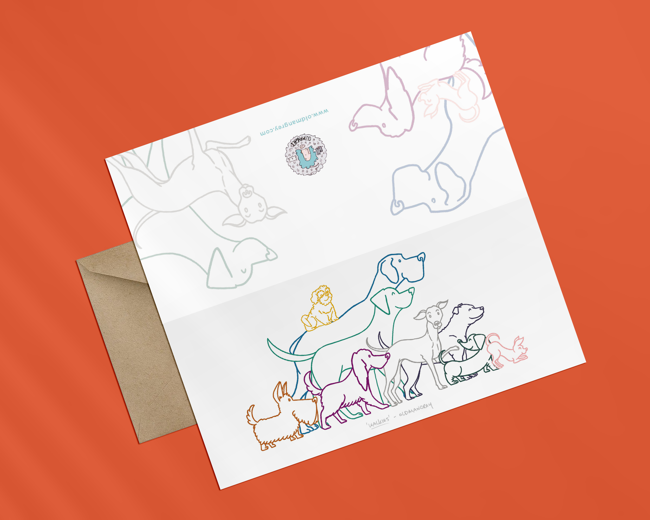 A landscape card opened out flat, with a colourful digital illustration of 9 dogs eager for walkies, an abstract version on the reverse. The image has a warm red background.