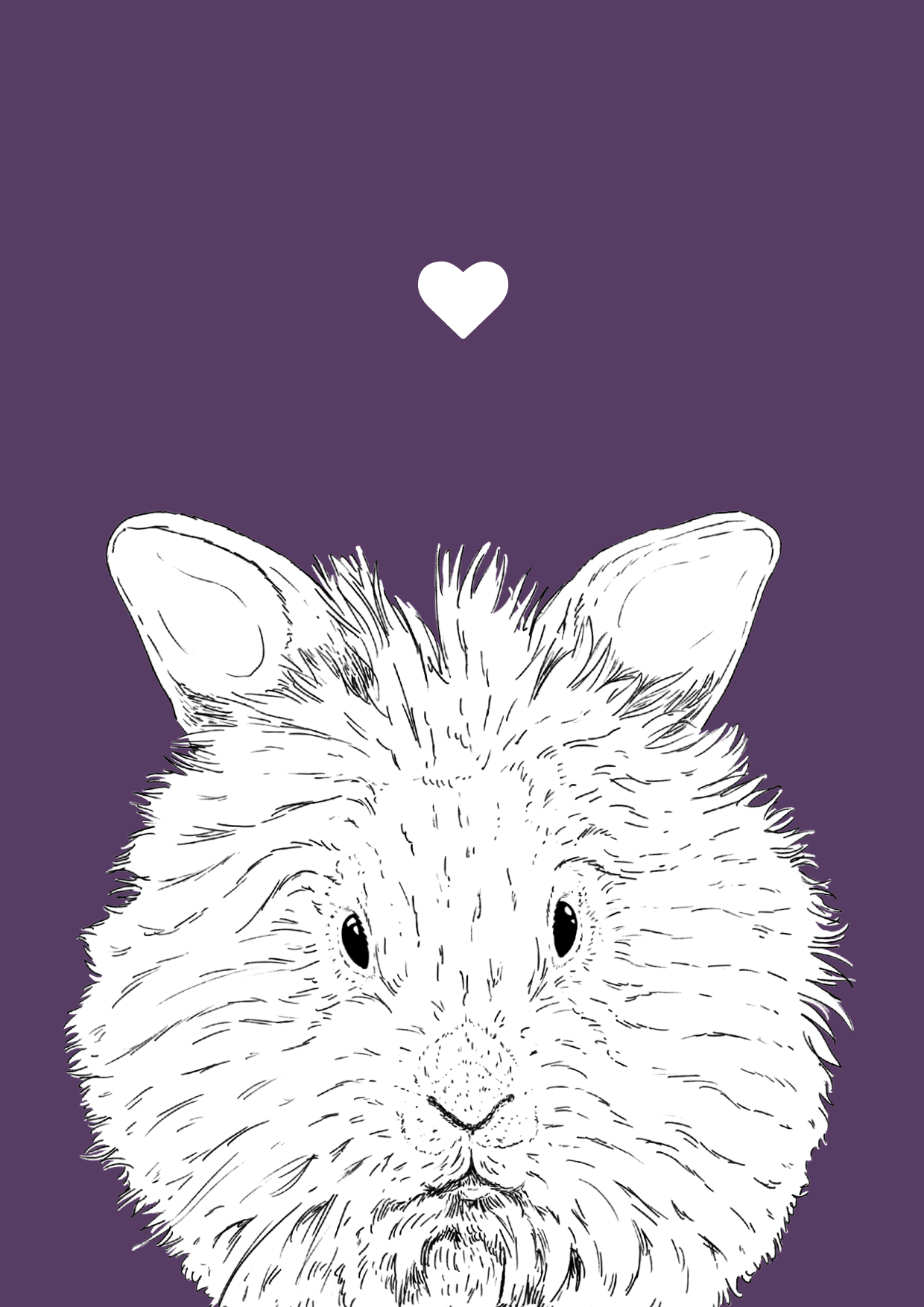 An A4 print with a purple background & black & white digital illustration of the head & shoulders of a Lionhead Rabbit. A small white love heart sits not far above their head.