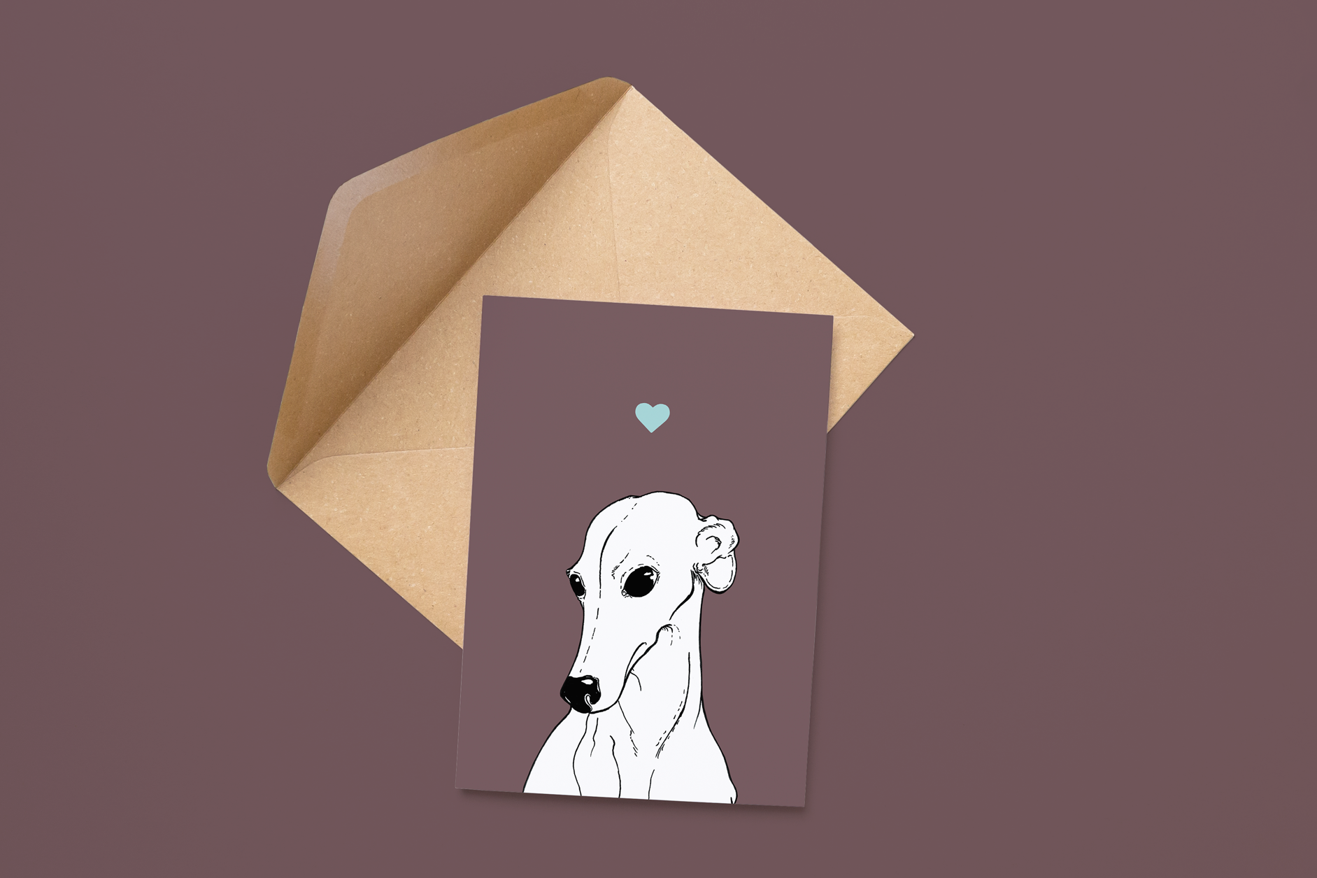 An A6 greetings card on a brown envelope. The card & image have a deep purple background, with a black & white digital illustration of the head & shoulders of a Greyhound dog.