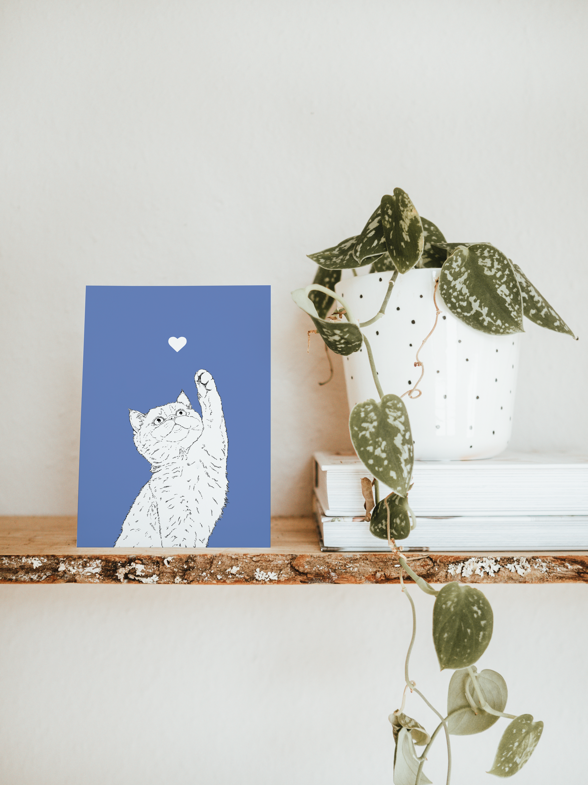 An A6 greetings card & white plant pot on a shelf. The card has a powder blue coloured background, with a black & white digital illustration of the head & shoulders of a kitten.