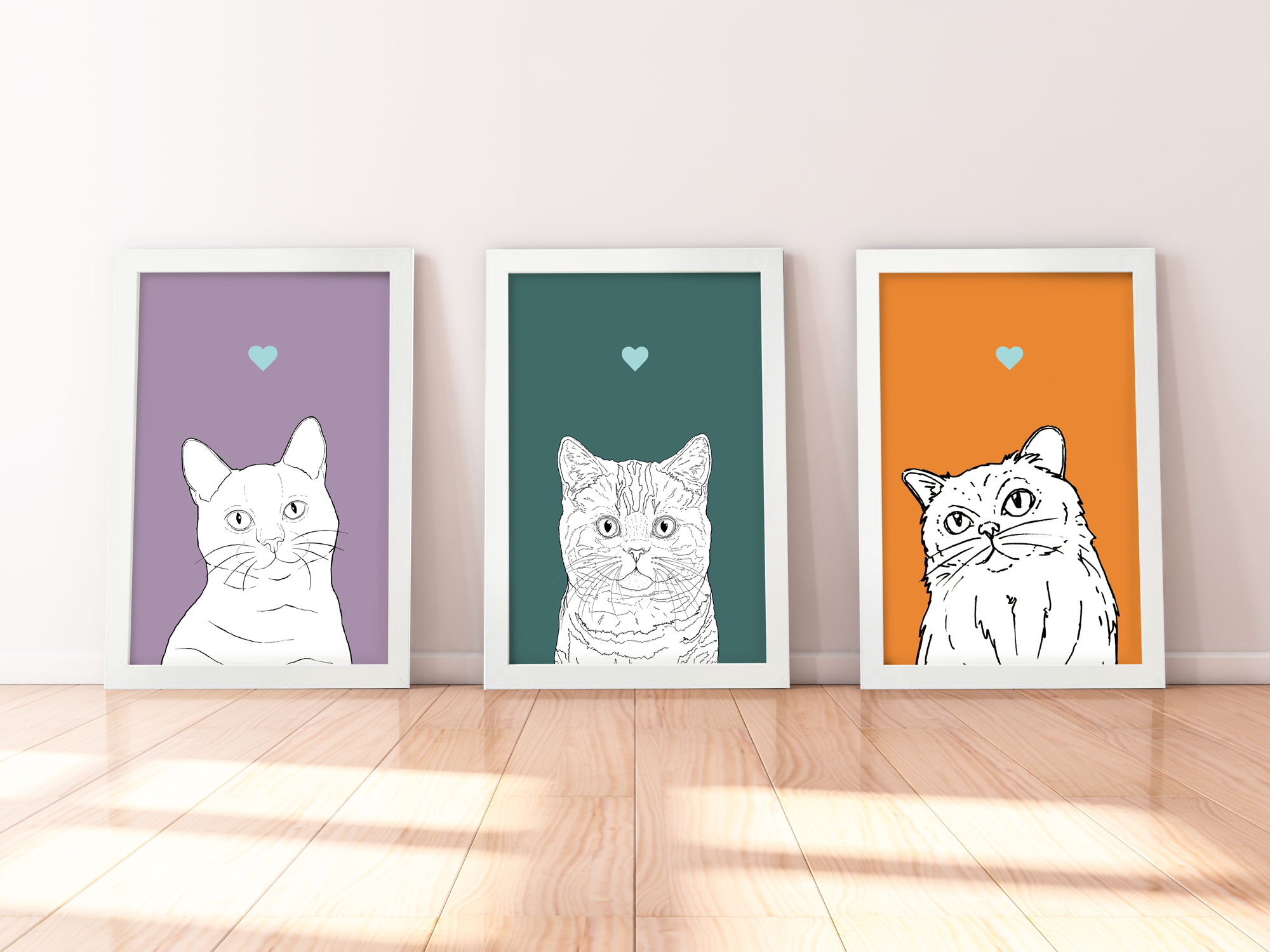 A trio of A4 prints in white wooden frames leaning against a white wall. Each has a black & white digital illustration of the head & shoulders of a different cat: Shorthair, Moggie & Fluffy