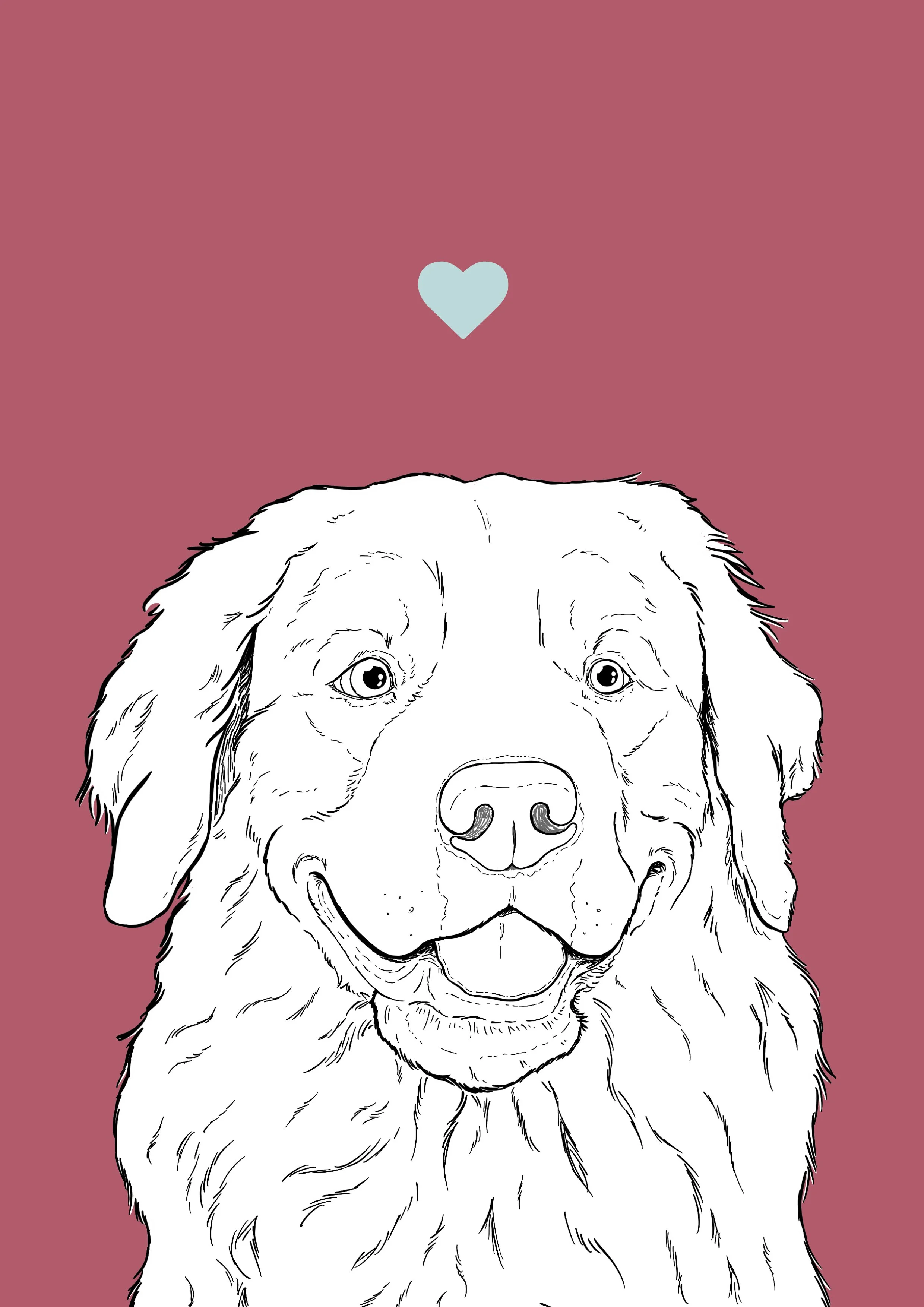 An A4 print with a purple red background & black & white digital illustration of the head & shoulders of a Golden Retriever dog. A small light blue love heart sits not far above their head.