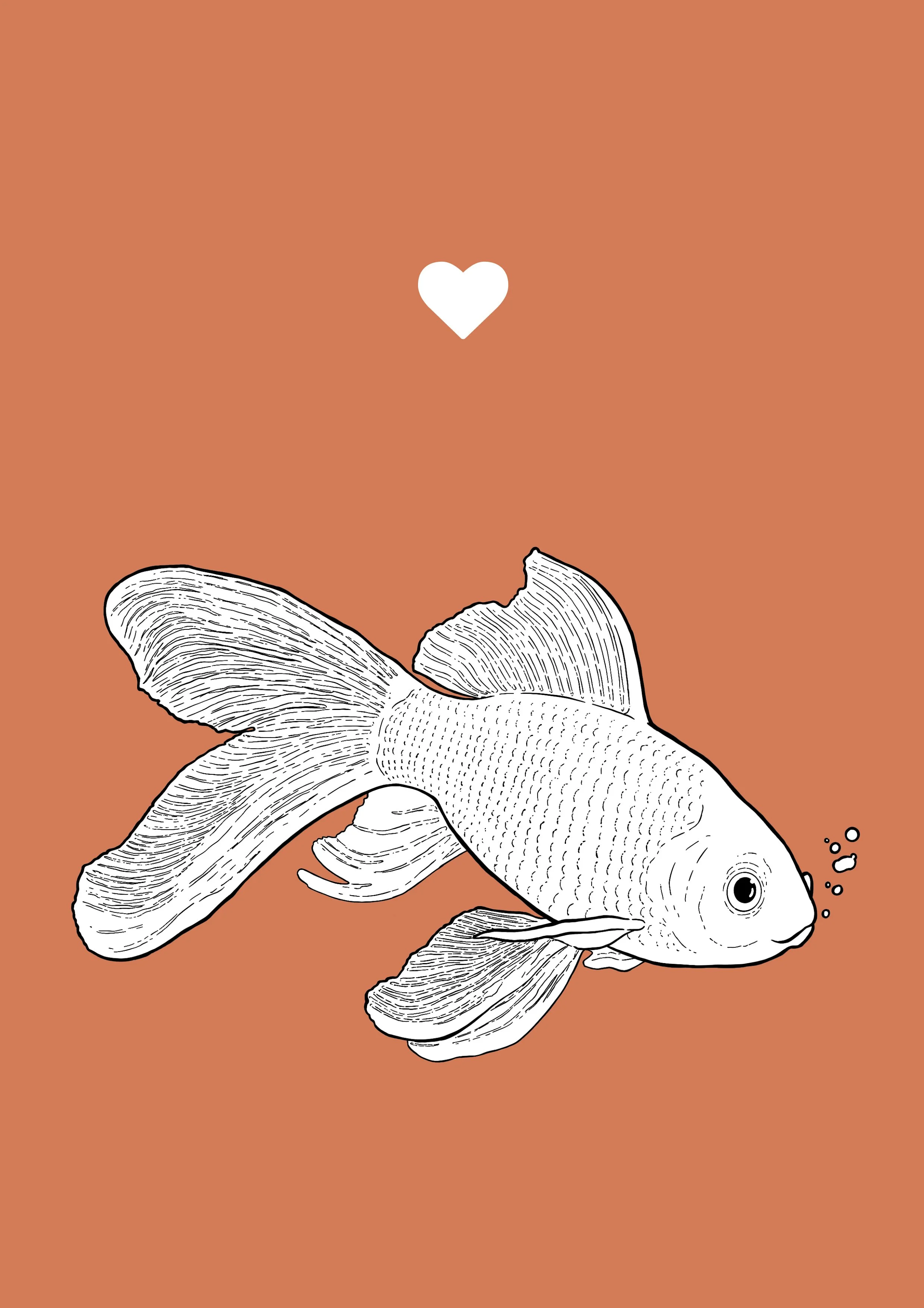 An A4 print with a red background & black & white digital illustration of a Goldfish. A small white love heart sits not far above their head.