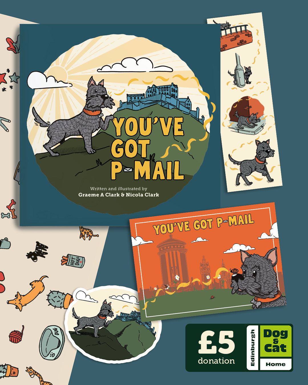Our kid's book 'You've Got P-Mail' with a Cairn Terrier in front of Edinburgh Castle. Also a kiss cut sticker, postcard, sheet of wrapping paper & bookmark with illustrations from the book.