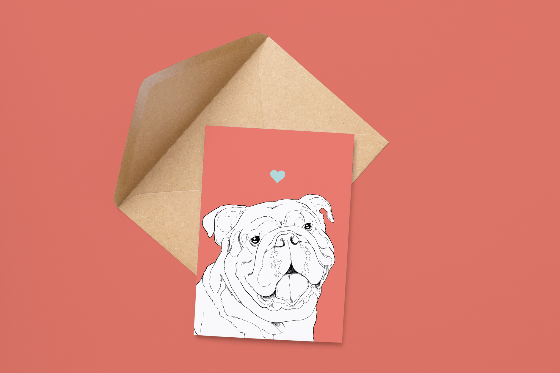 An A6 greetings card on a brown envelope. The card & image have a bright red background, with a black & white digital illustration of the head & shoulders of a Bulldog dog.