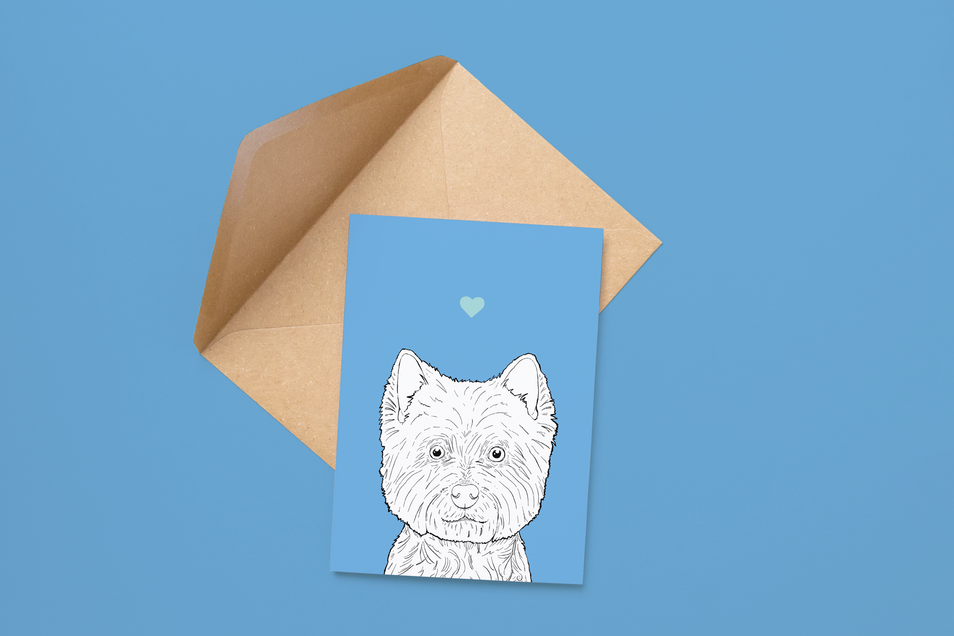 An A6 greetings card on a brown envelope. The card & image have a pale blue background, with a black & white digital illustration of the head & shoulders of a Westie dog.