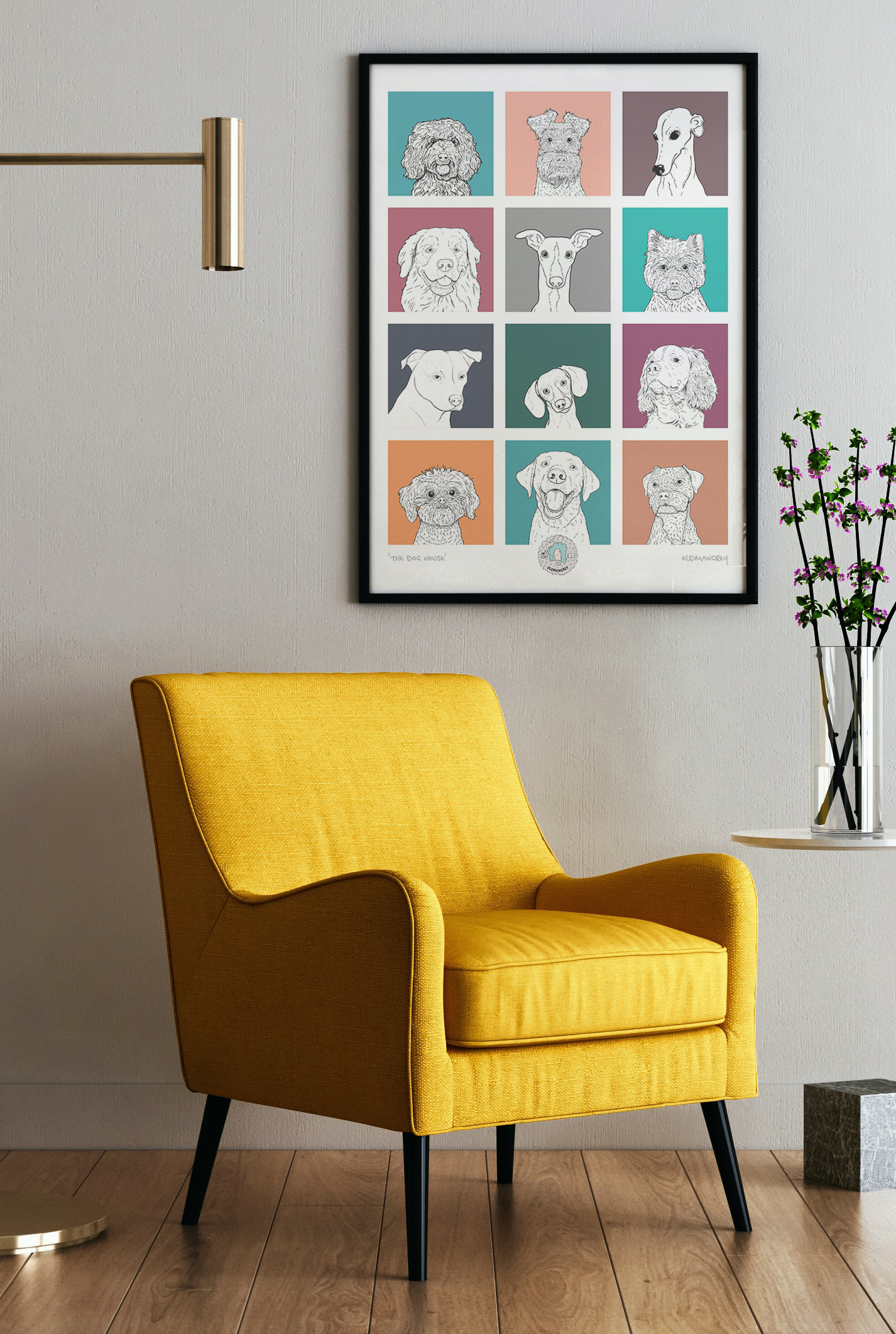 An A3 print with a 3 by 3 grid of bright squares with a black & white digital illustration of the head & shoulders of a dog. Hung above a yellow armchair.