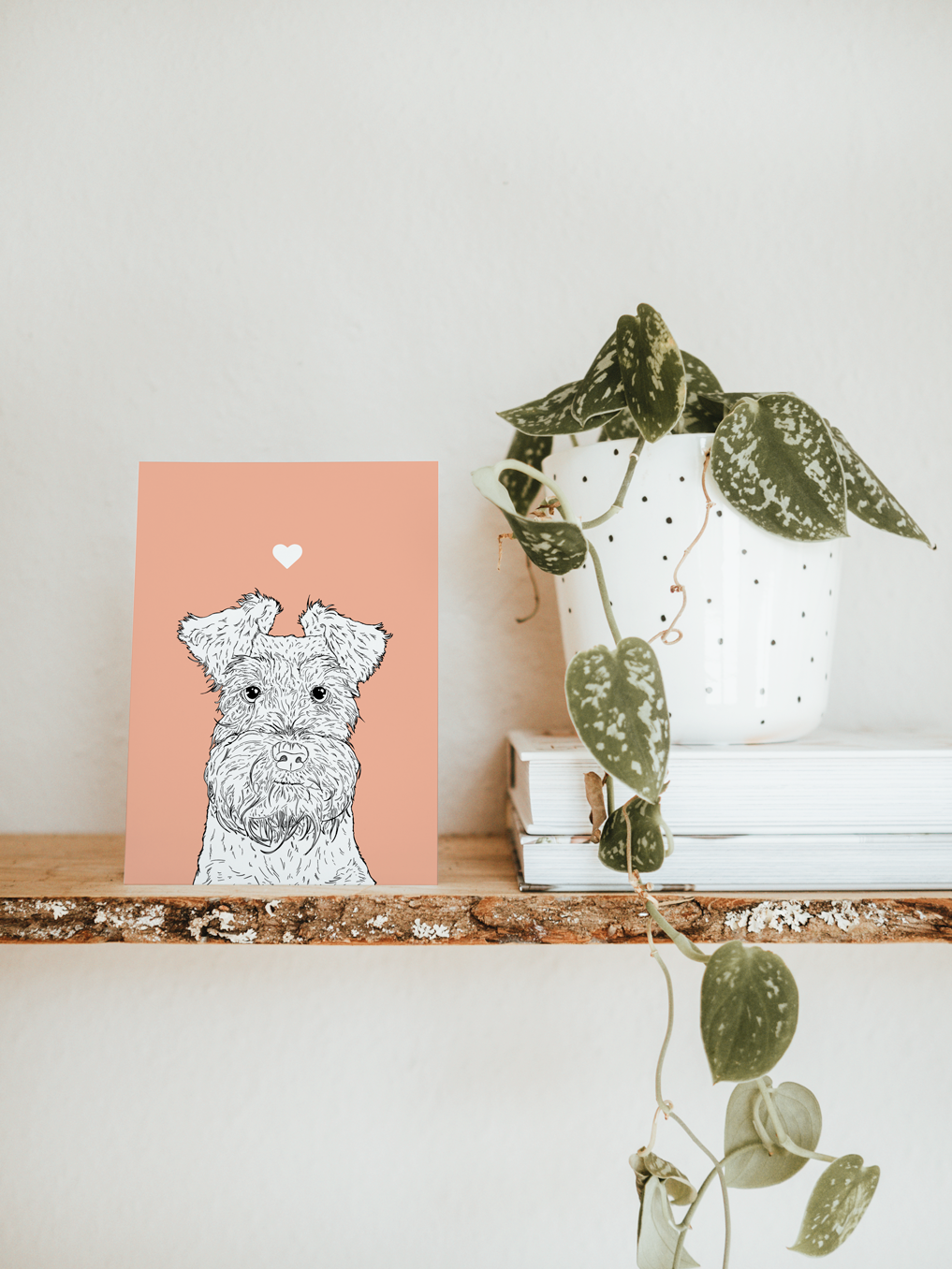 An A6 greetings card & white plant pot on a shelf. The card has a pale pink coloured background, with a black & white digital illustration of the head & shoulders of a Mini Dachshund dog.