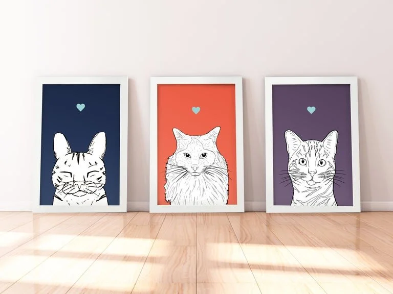A trio of A4 prints in white wooden frames leaning against a white wall. Each has a black & white digital illustration of the head & shoulders of a different cat: Sleepy, Ragdoll & Bengal.