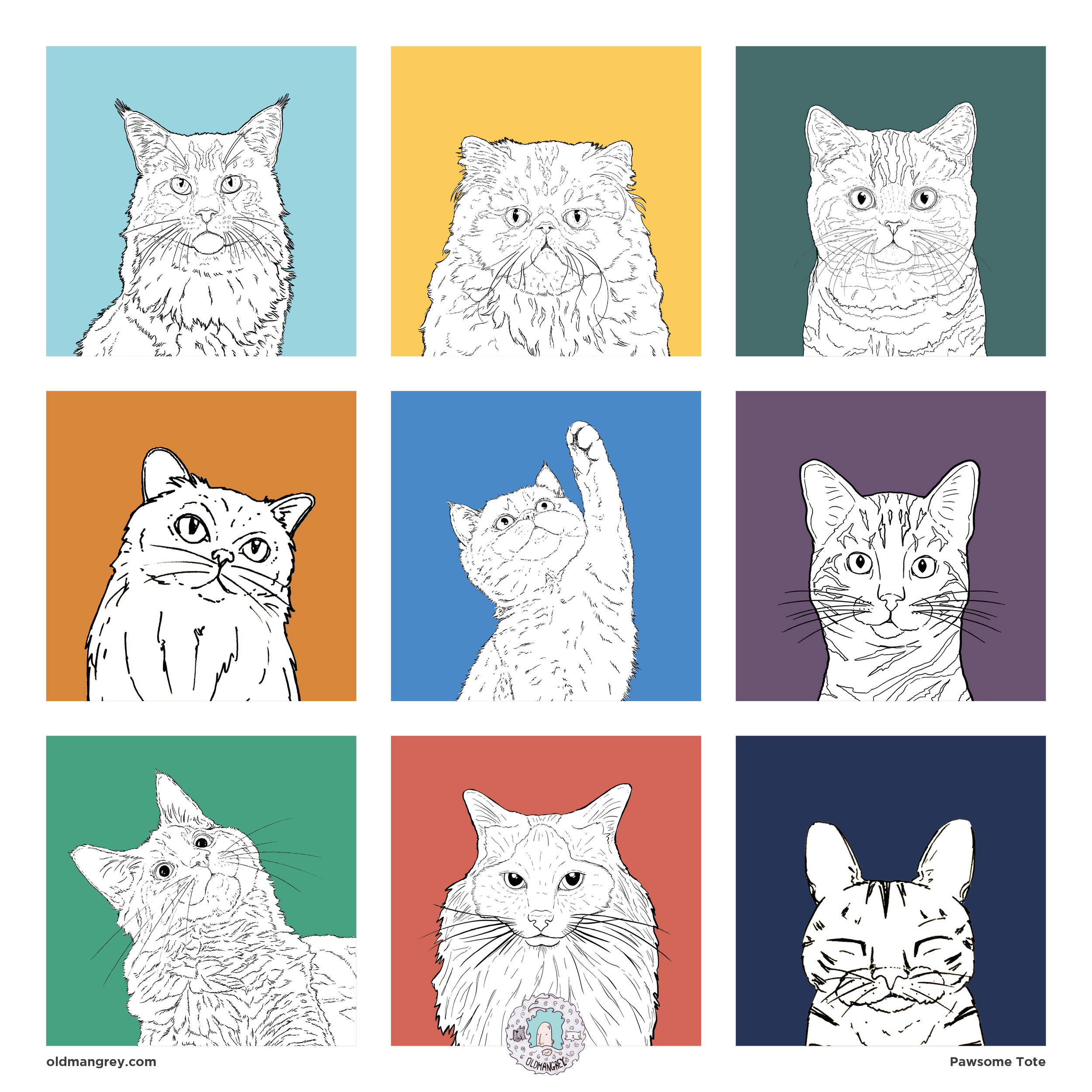 The pattern from my Pawsome Cat Tote Bag. A 3 by 3 grid of brightly coloured boxes, each with a black & white digital illustration of the head & shoulders of a different cat breed.