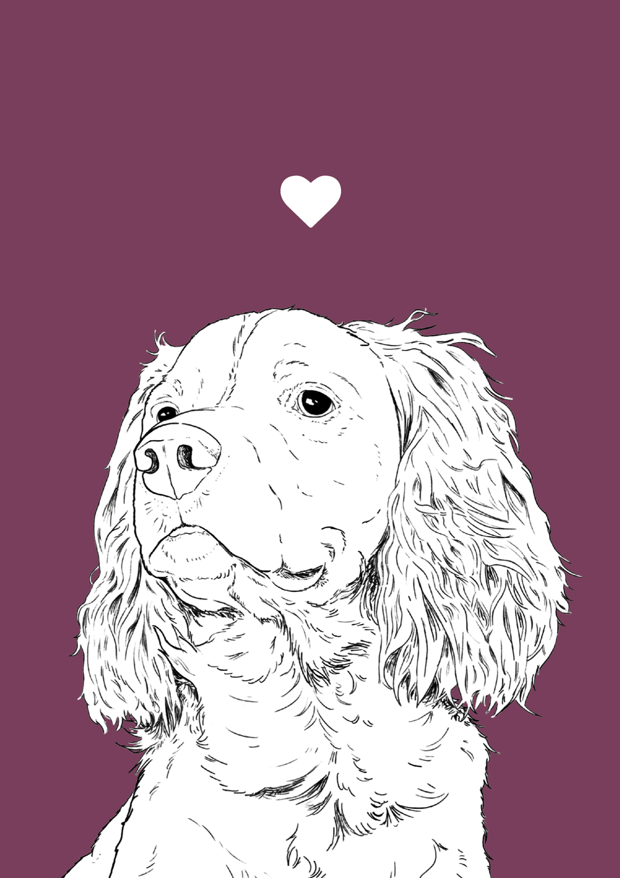 An A4 print with a purple background & black & white digital illustration of the head & shoulders of a Spaniel dog. A small white love heart sits not far above their head.