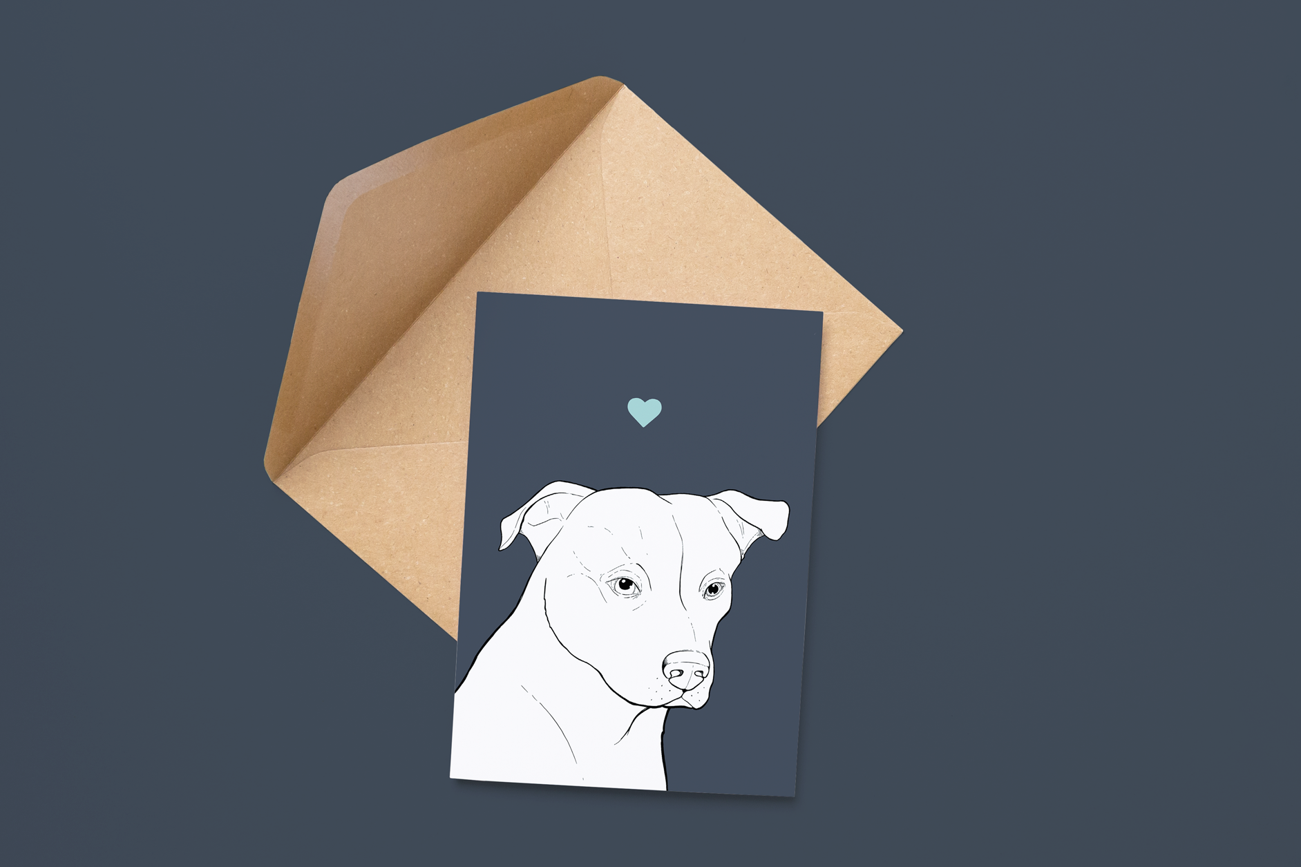 An A6 greetings card on a brown envelope. The card & image have a navy blue background, with a black & white digital illustration of the head & shoulders of a Staffy