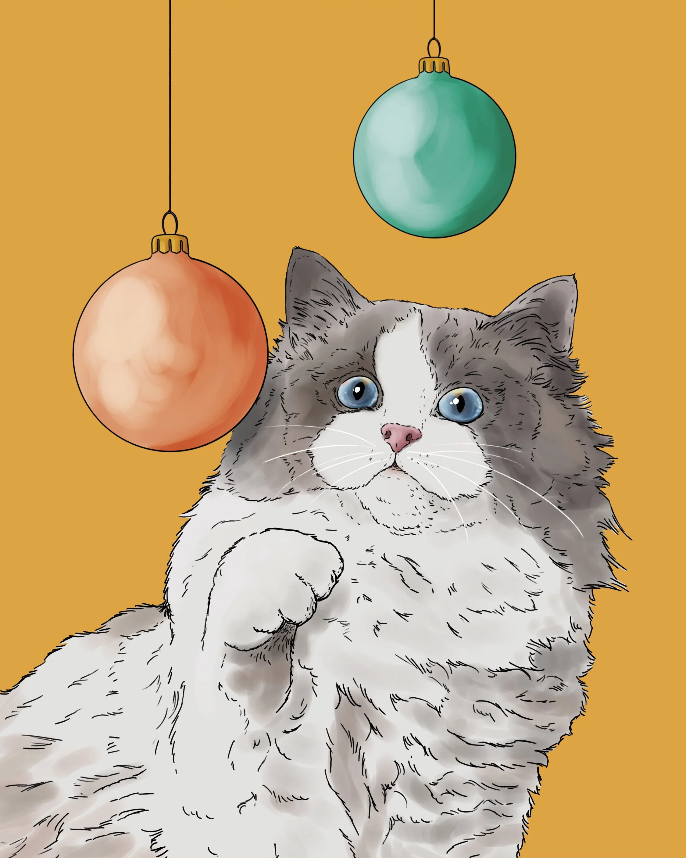 Design from an A6 Cat Christmas Card, bright digital illustration of a grey Ragdoll cat batting Christmas baubles! Set on a flat gold yellow background.