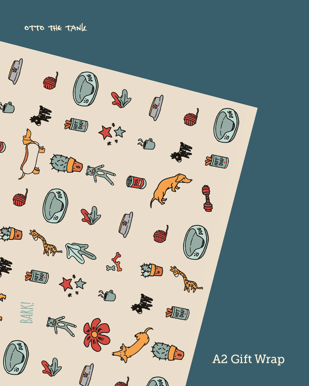 A sheet of wrapping paper with digital illustrations pattern of a wee orange brown Mini Dachshund sausage dog & his favourite toys, food & bedding in tones of red & blue.
