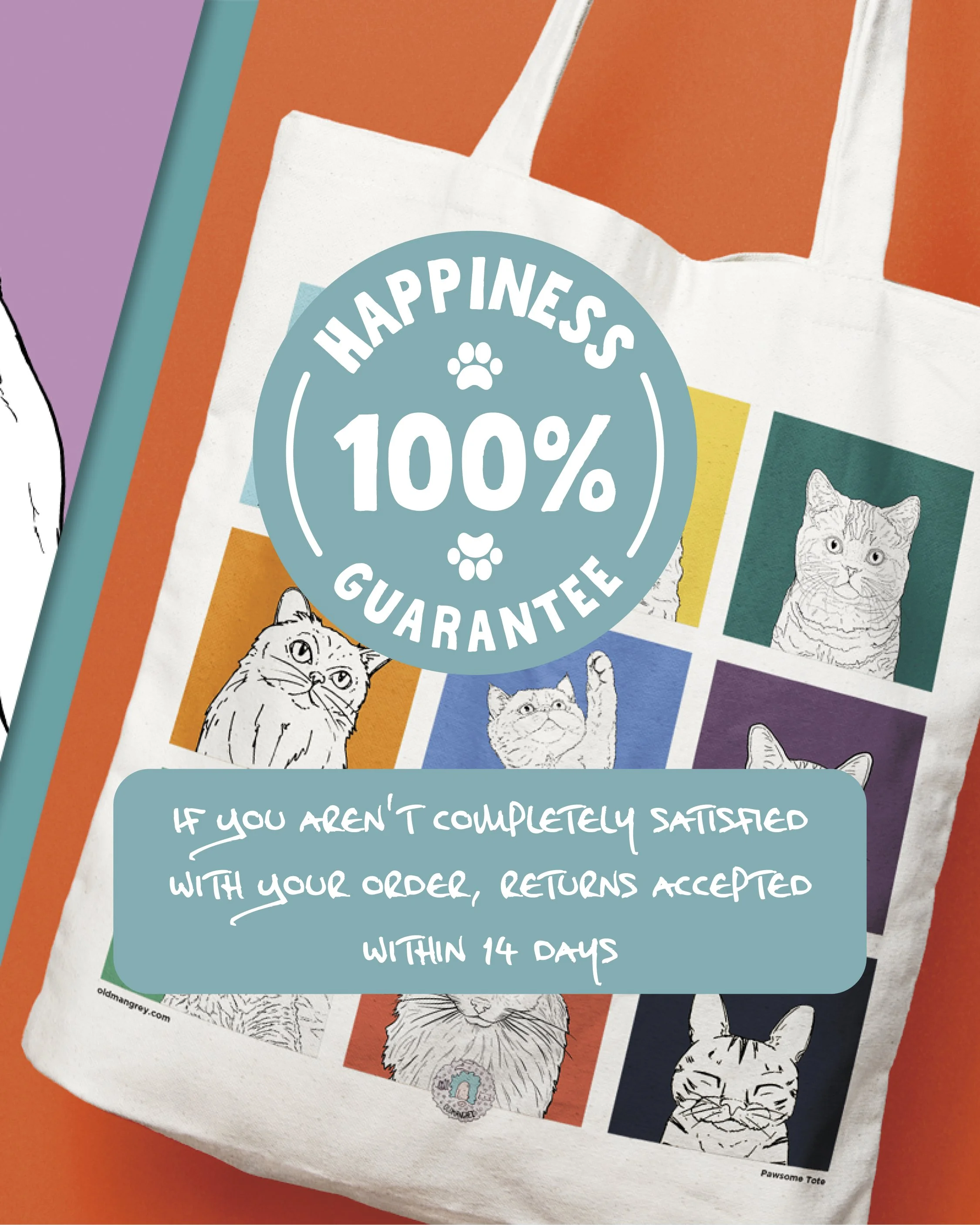 A flatlay showing our brightly coloured cat-themed Tote Bag. Text on top stating 100% happiness guaranteed - returns accepted within 14 days.