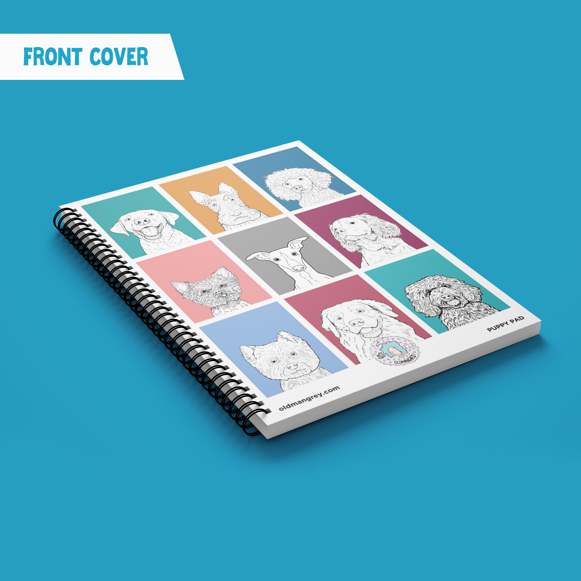 My A5 Puppy Pad wire bound notebook lying diagonally on a blue backdrop with a title 'Front Cover'. 9 coloured boxes each have a black & white illustration of the head & shoulders of a dog.