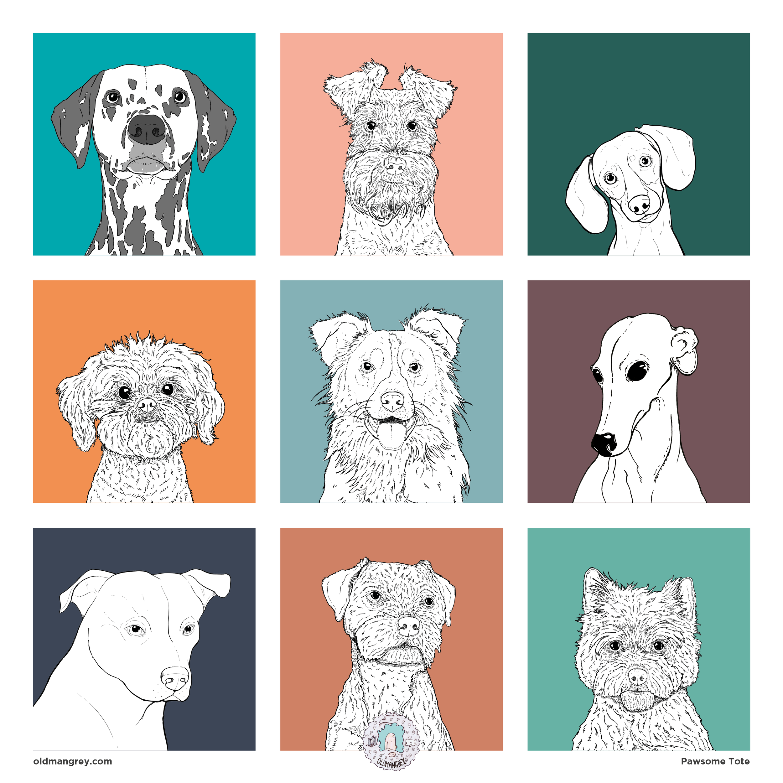 The pattern from my Pawsome Dog Tote Bag. A 3 by 3 grid of brightly coloured boxes, each with a black & white digital illustration of the head & shoulders of a different dog breed.