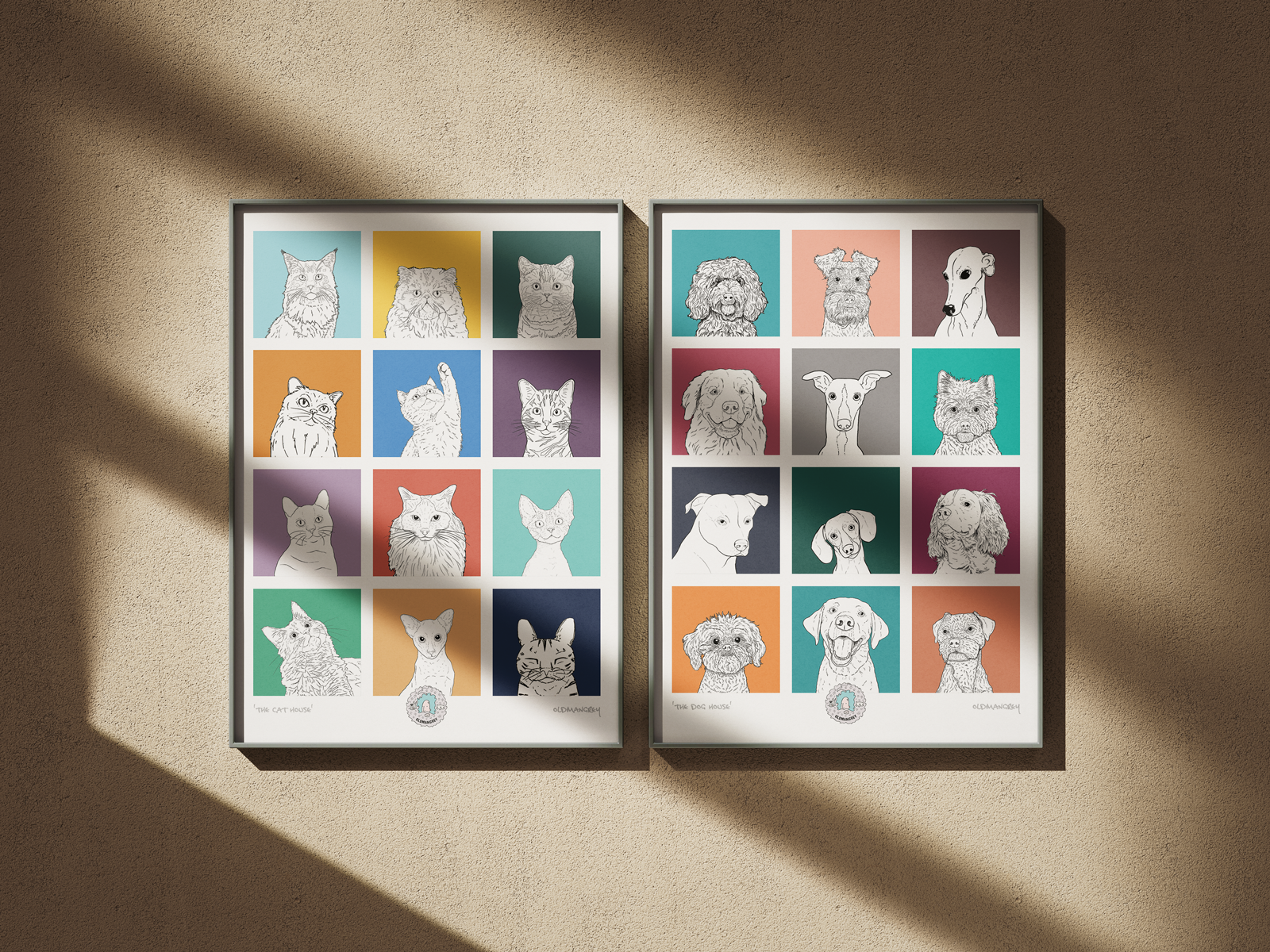 Two A3 prints in thin dark frames, each with a 3 by 3 grid of bright squares with a black & white digital illustration of the head & shoulders of cats on one, dogs on the other.
