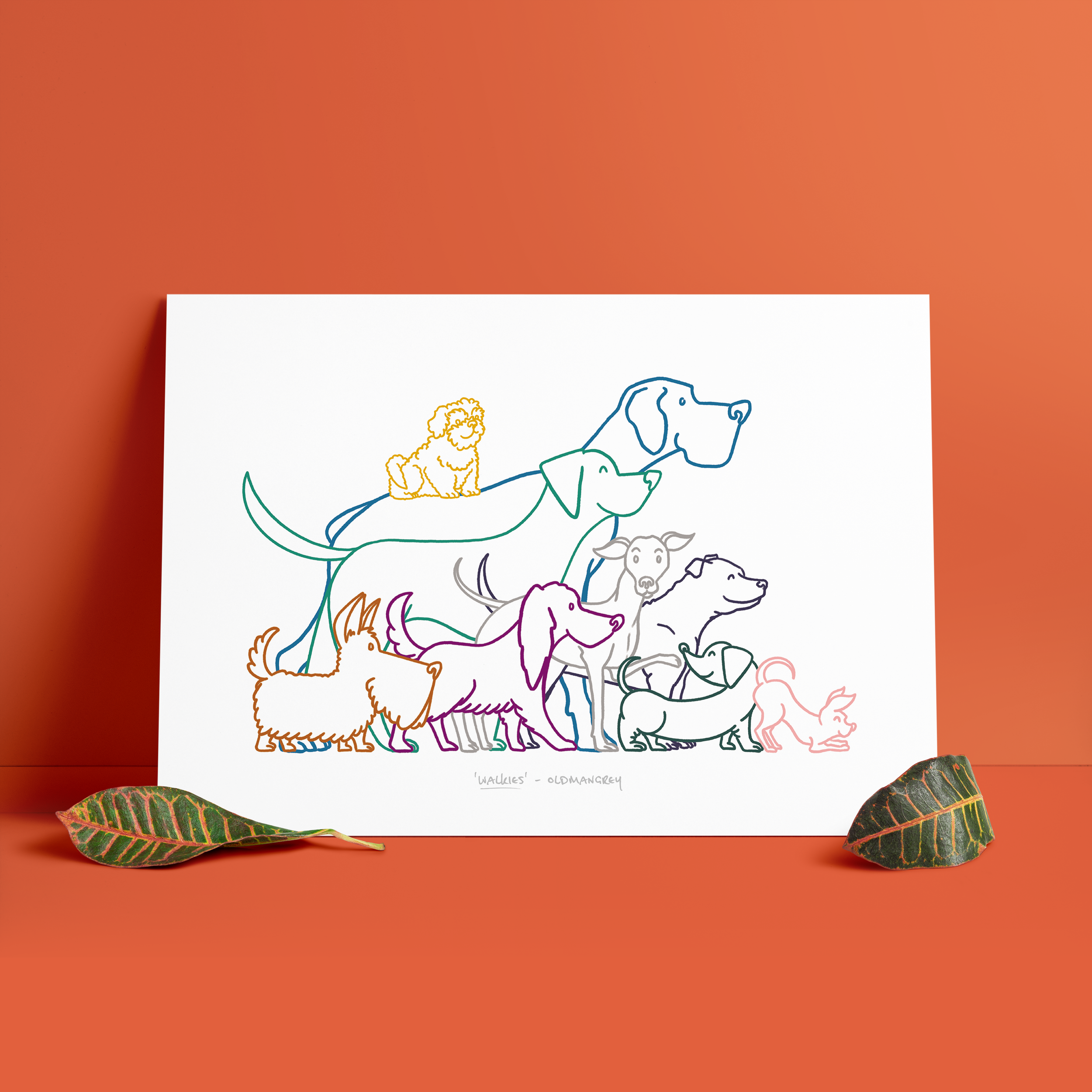 An A3 print set against a red backdrop, with two green leaves at the base. The print has a colourful digital illustration of 9 dogs all ready to go walkies!