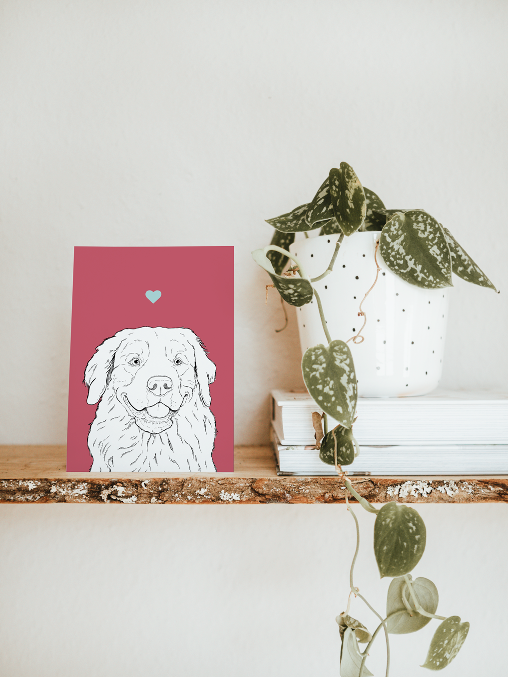 An A6 greetings card & white plant pot on a shelf. The card has a purple red coloured background, with a black & white digital illustration of the head & shoulders of a Golden Retriever dog.