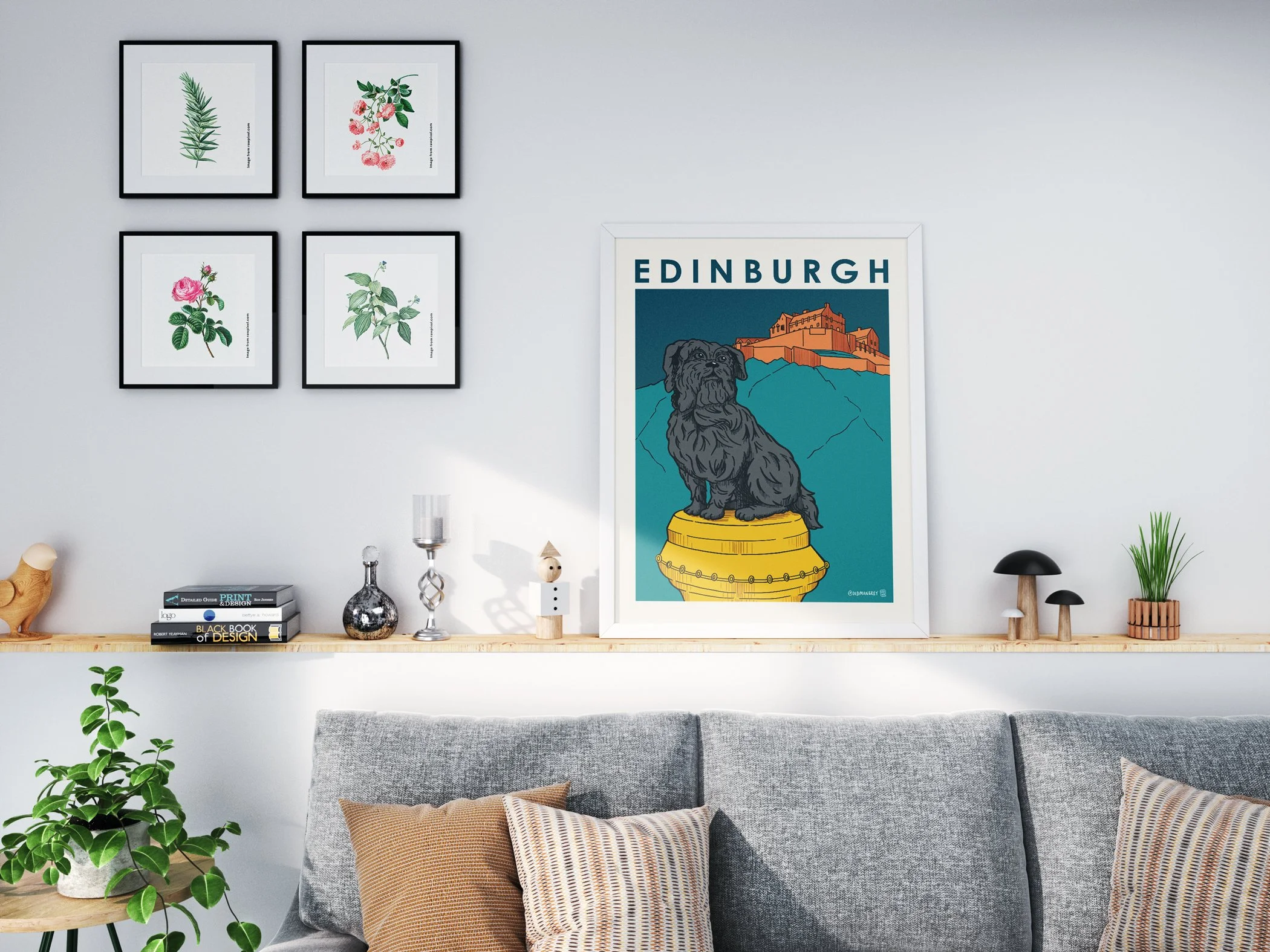 A4 digital illustration of Greyfriars Bobby set against an Edinburgh Castle backdrop. Set on wooden shelf above a grey sofa.