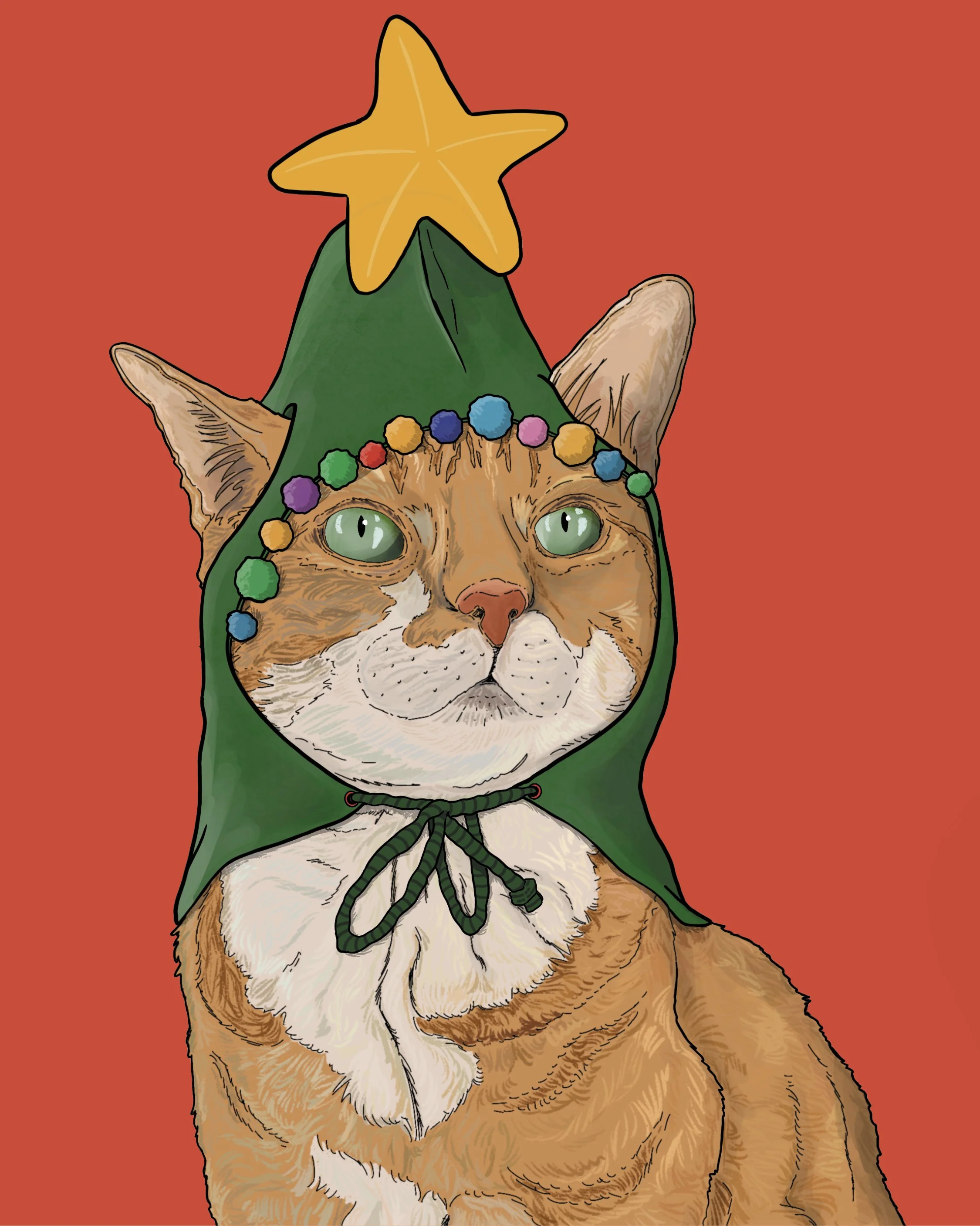 Design from an A6 Cat Christmas Card, bright digital illustration of a ginger cat in a green Christmas tree hat! Set on a flat red background