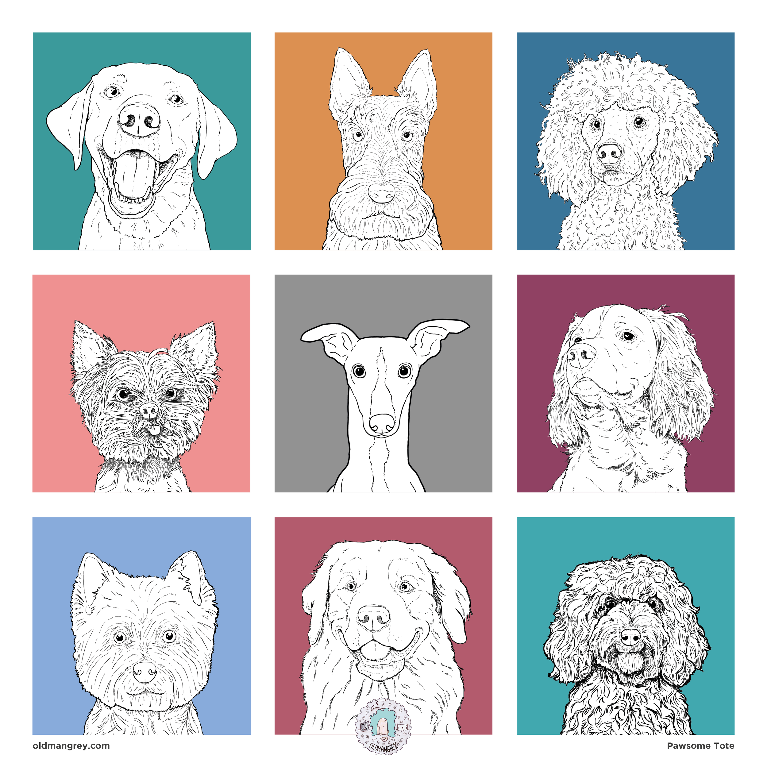 The pattern from one side of my Pawsome Dog Tote Bag. A 3 by 3 grid of brightly coloured boxes, each with a black & white digital illustration of the head & shoulders of a different dog breed.