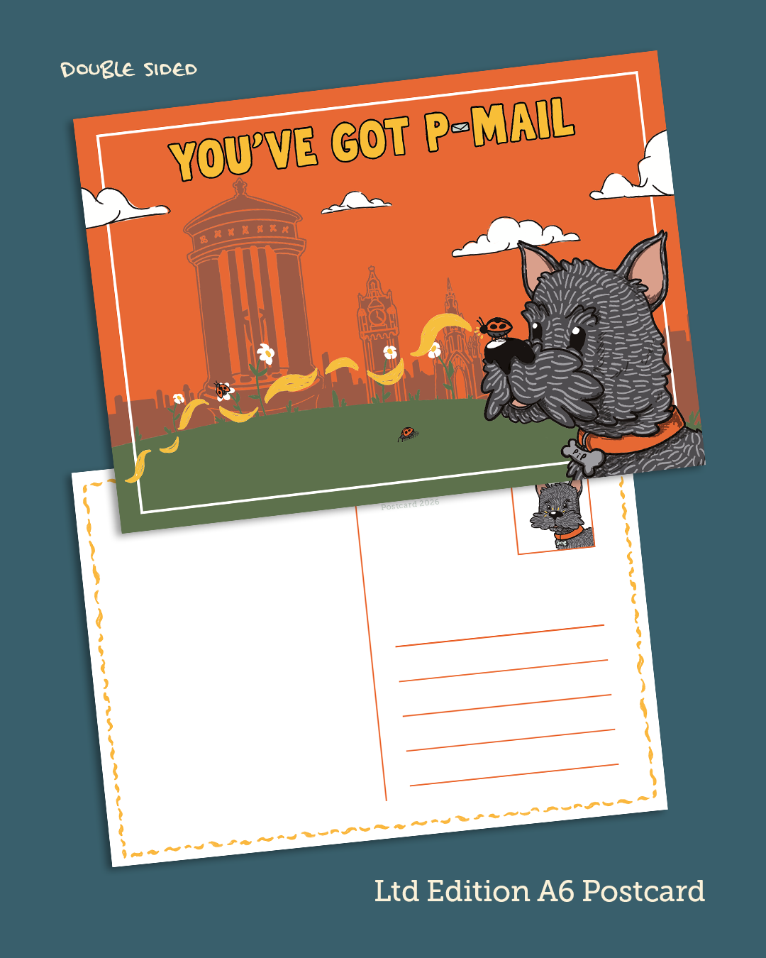 A 'You've Got P-Mail' postcard inspired by our kid's book of the same name. An illustration of the head & neck of Cairn Terrier Pip with Edinburgh skyline set against a red sky.