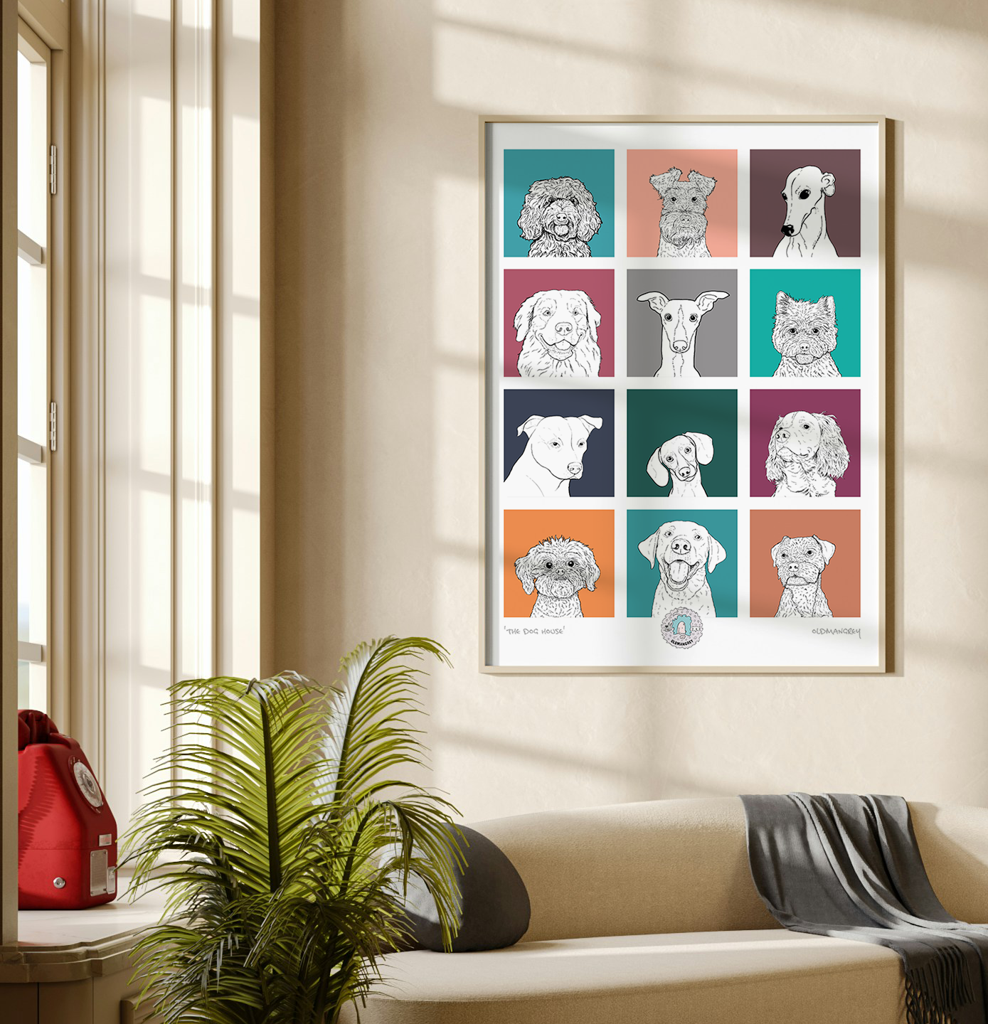An A3 print with a 3 by 3 grid of bright squares with a black & white digital illustration of the head & shoulders of a dog. A window on the left & sofa below.