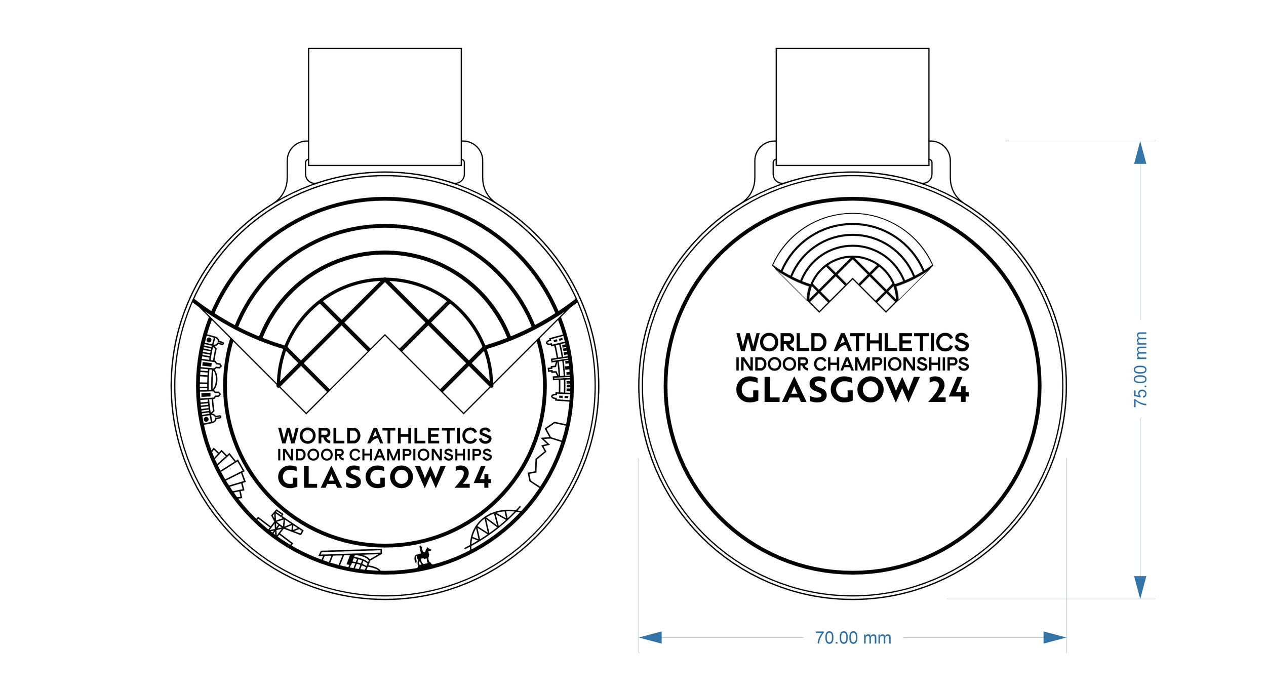 Art work of final design for the World Athletics Indoor Championships Glasgow 2024 medal. By Illustrator & Designer Oldmangrey Illustration.
