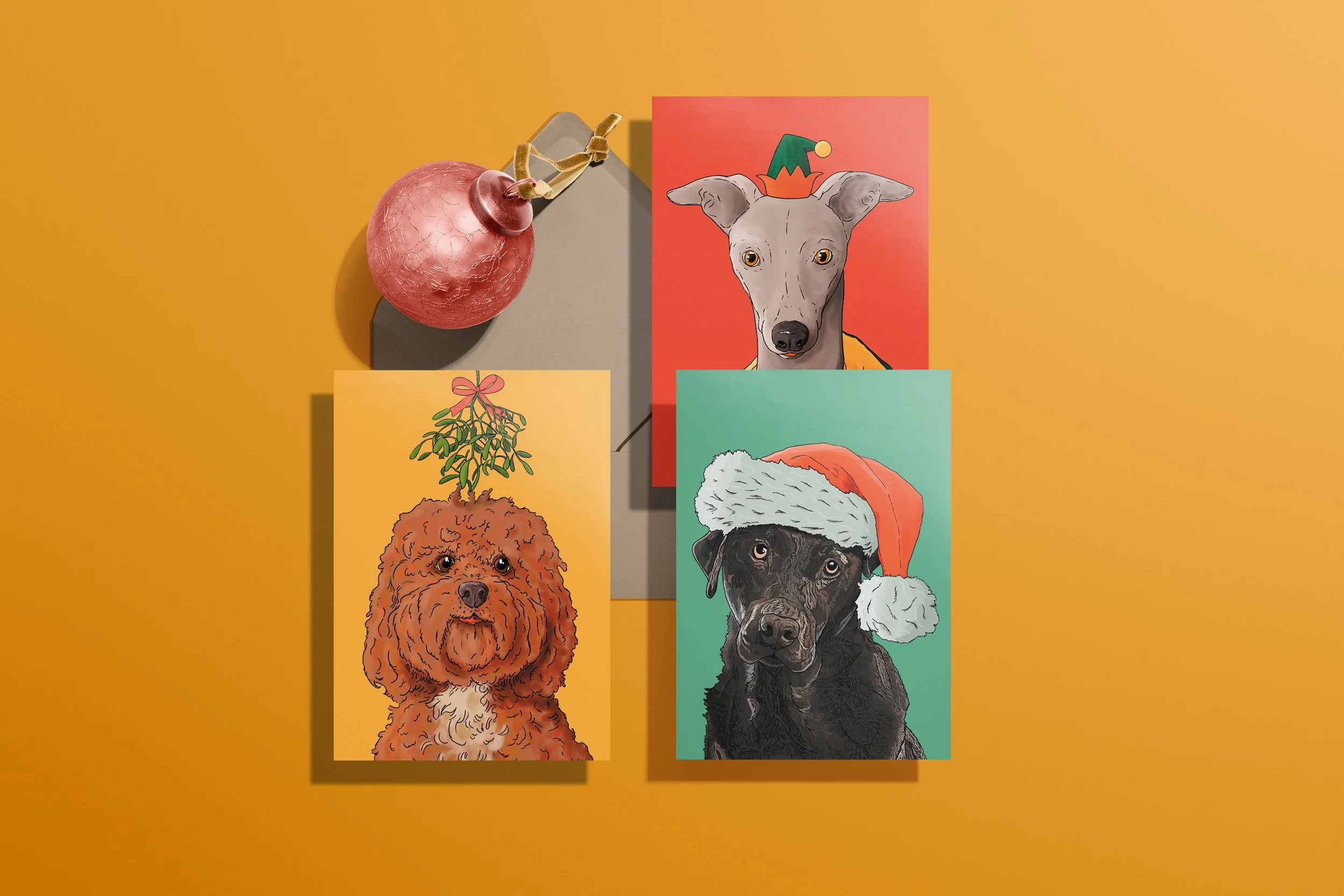 3 x A6 Dog Christmas Cards, bright digital illustrations including a Whippet in a red & green elf hat! Set on a flat yellow gold background.