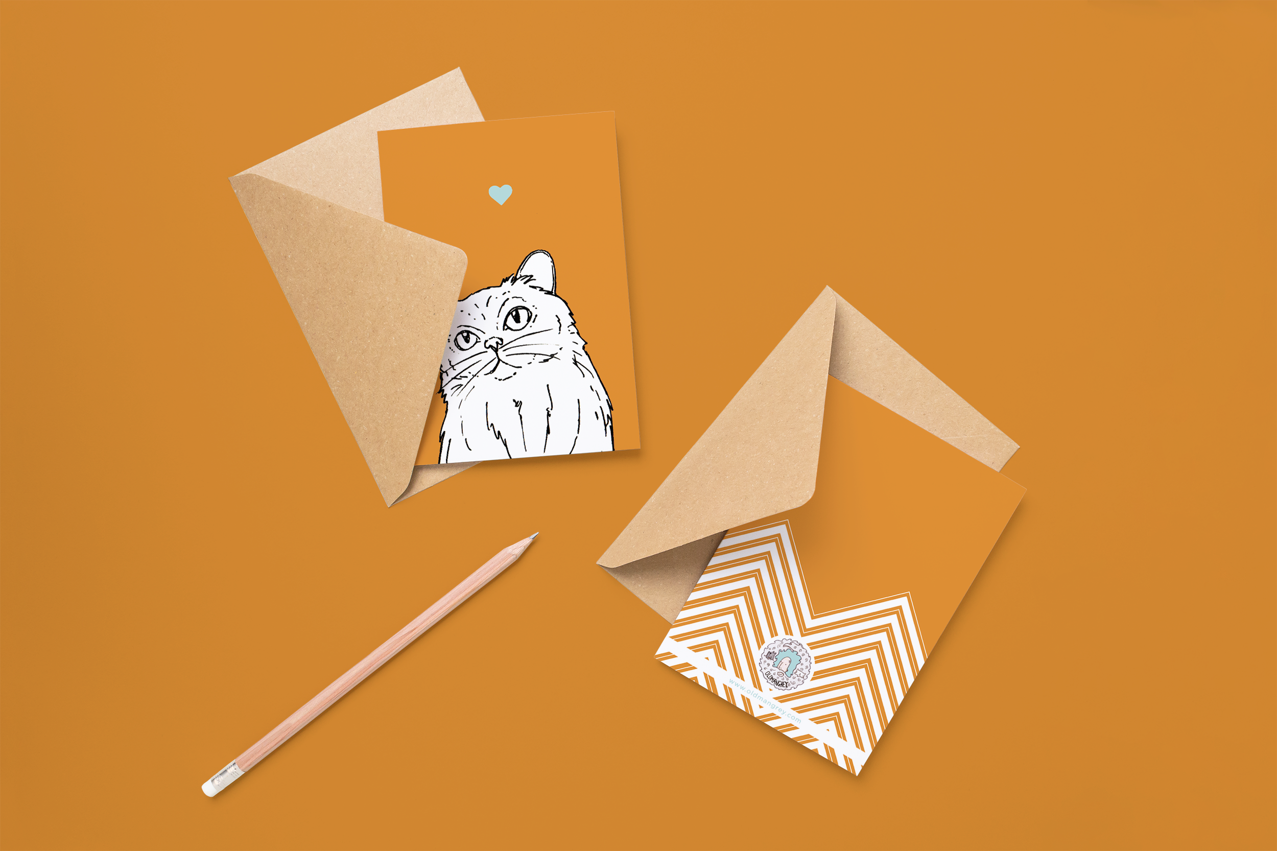 Two cards on brown envelopes, one face up one down. The card and image have an orange coloured background, with a black & white digital illustration of the head & shoulders of a fluffy cat.