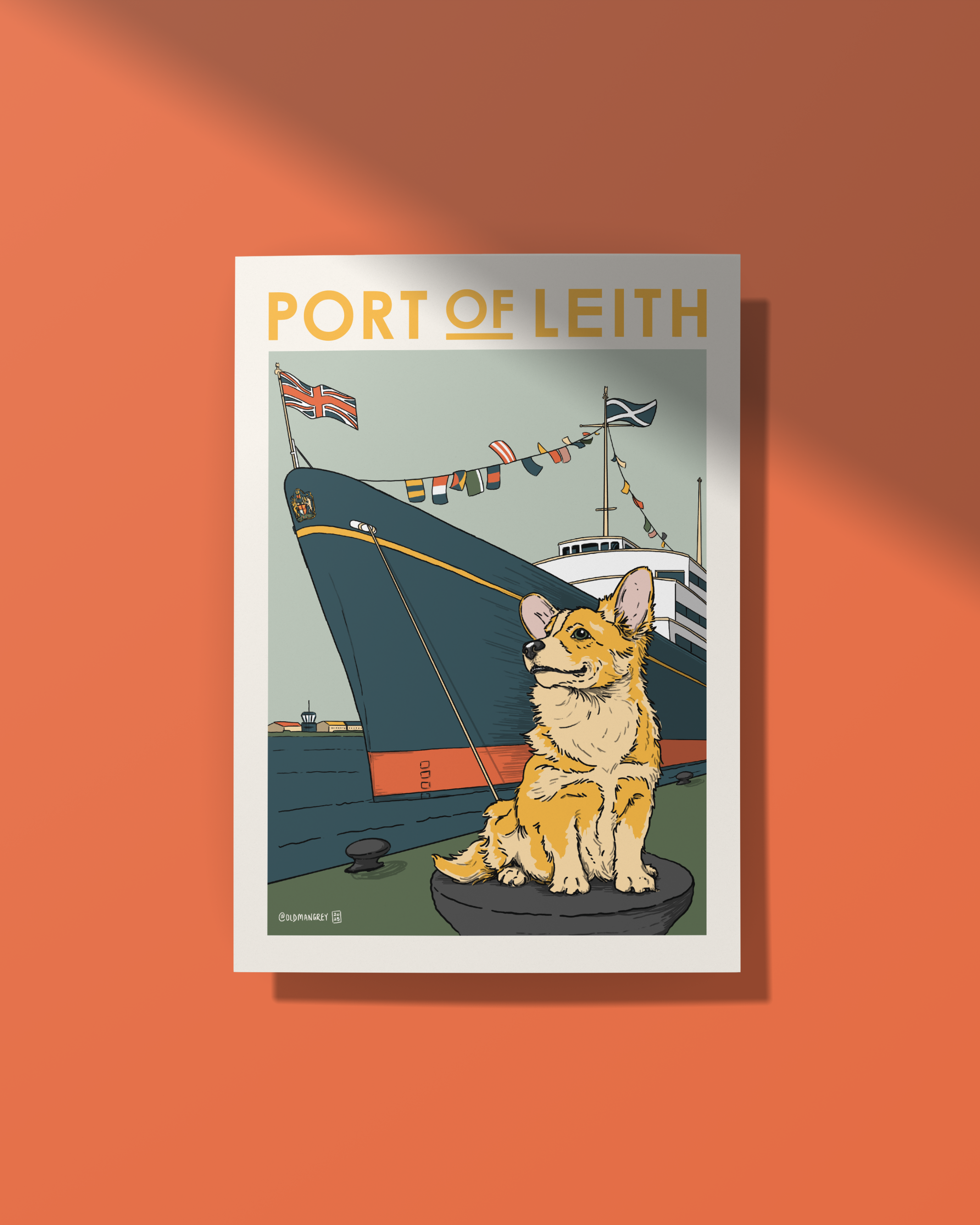 A4 digital illustration of a Corgi set against the Royal Yacht Britannia. Pinned on an orange red wall.
