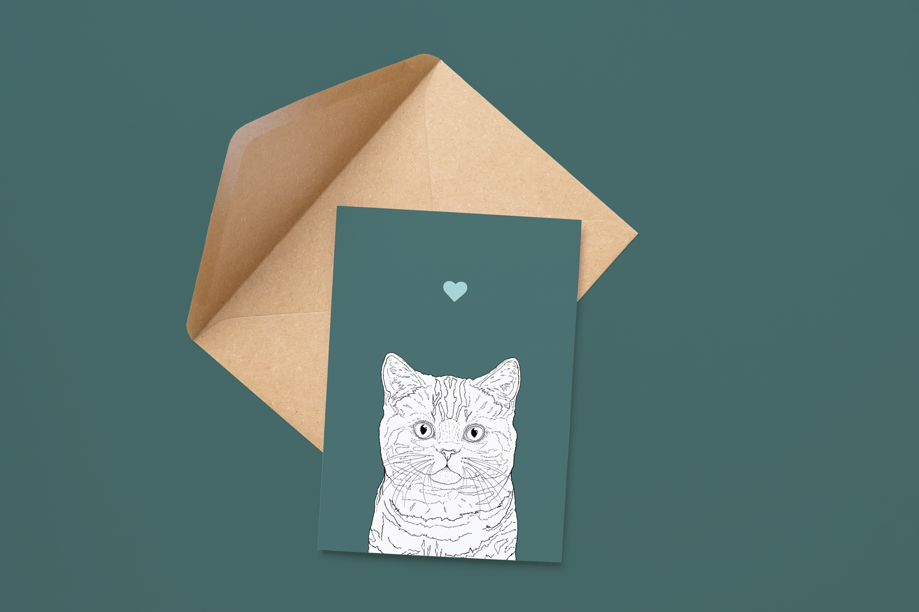 An A6 greetings card on a brown envelope. The card & image have a deep green background, with a black & white digital illustration of the head & shoulders of a stripy Moggie cat.