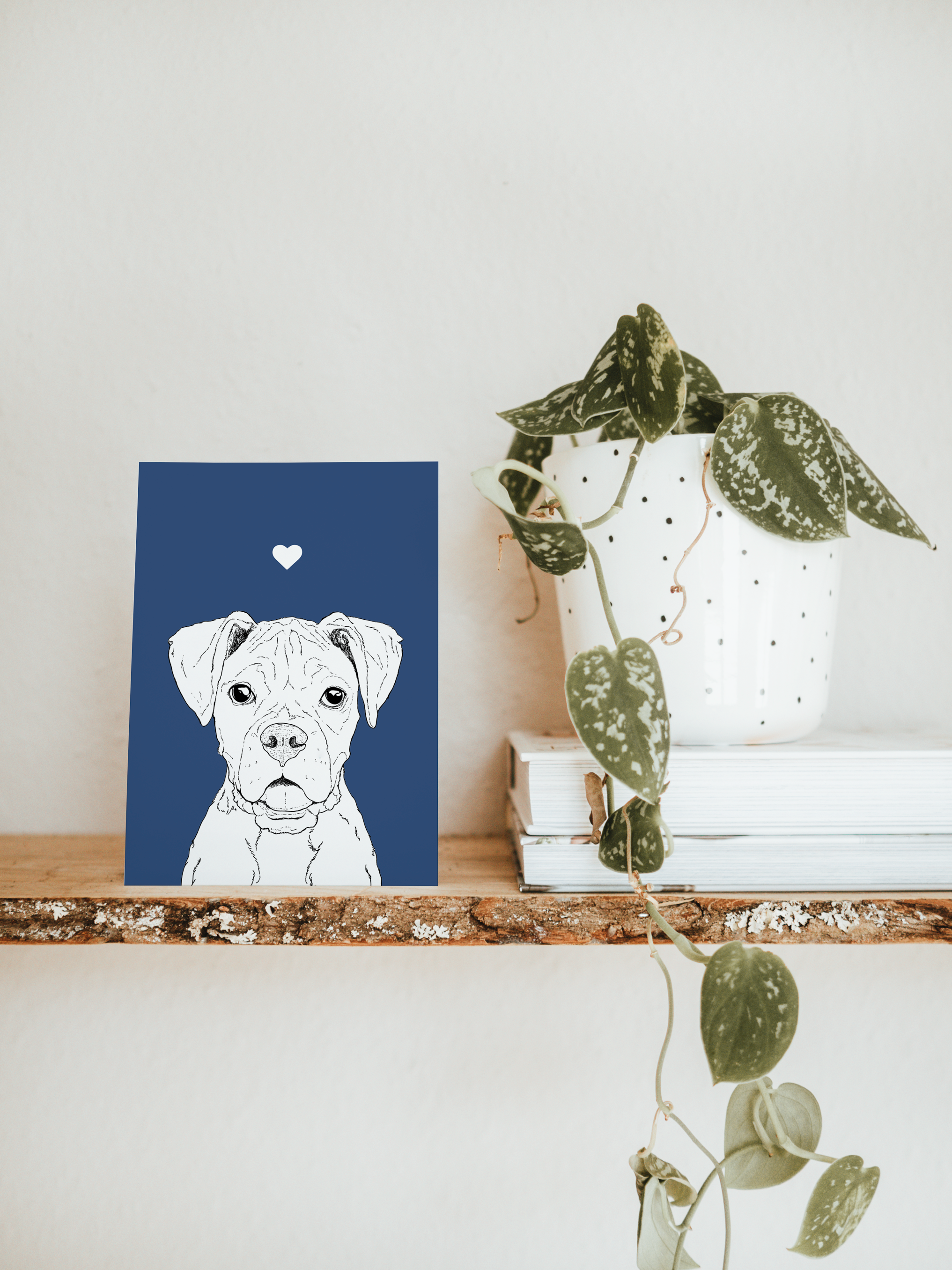 An A6 greetings card & white plant pot on a shelf. The card has a deep blue coloured background, with a black & white digital illustration of the head & shoulders of a Boxer dog.