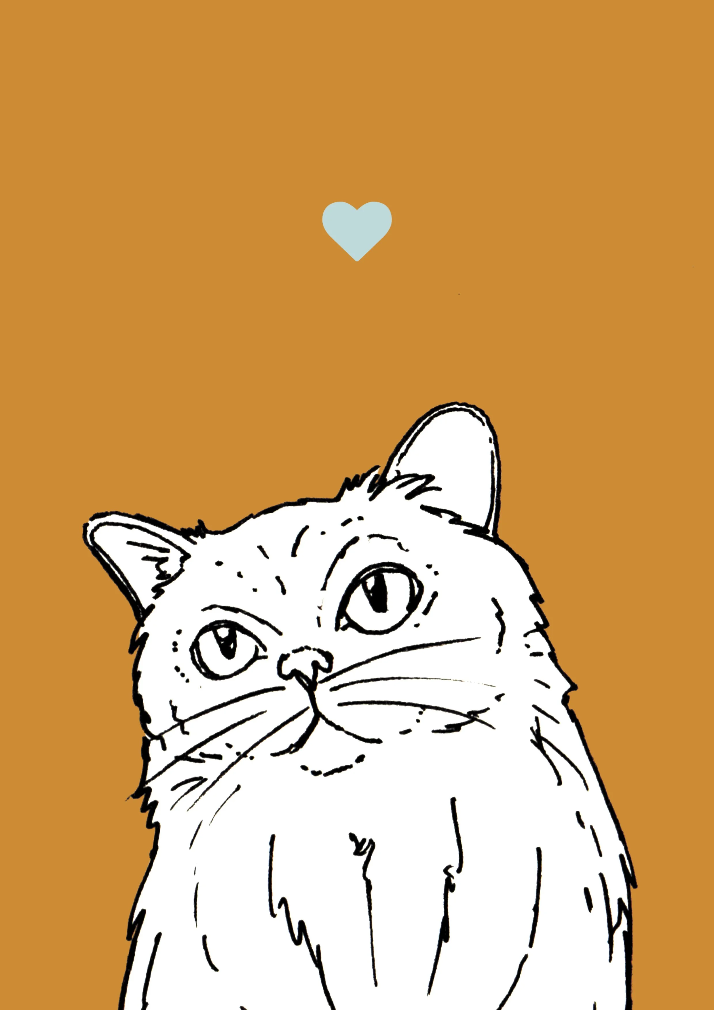 An A4 print with an orange background & black & white digital illustration of the head & shoulders of a fluffy cat. A small light blue love heart sits not far above their head.