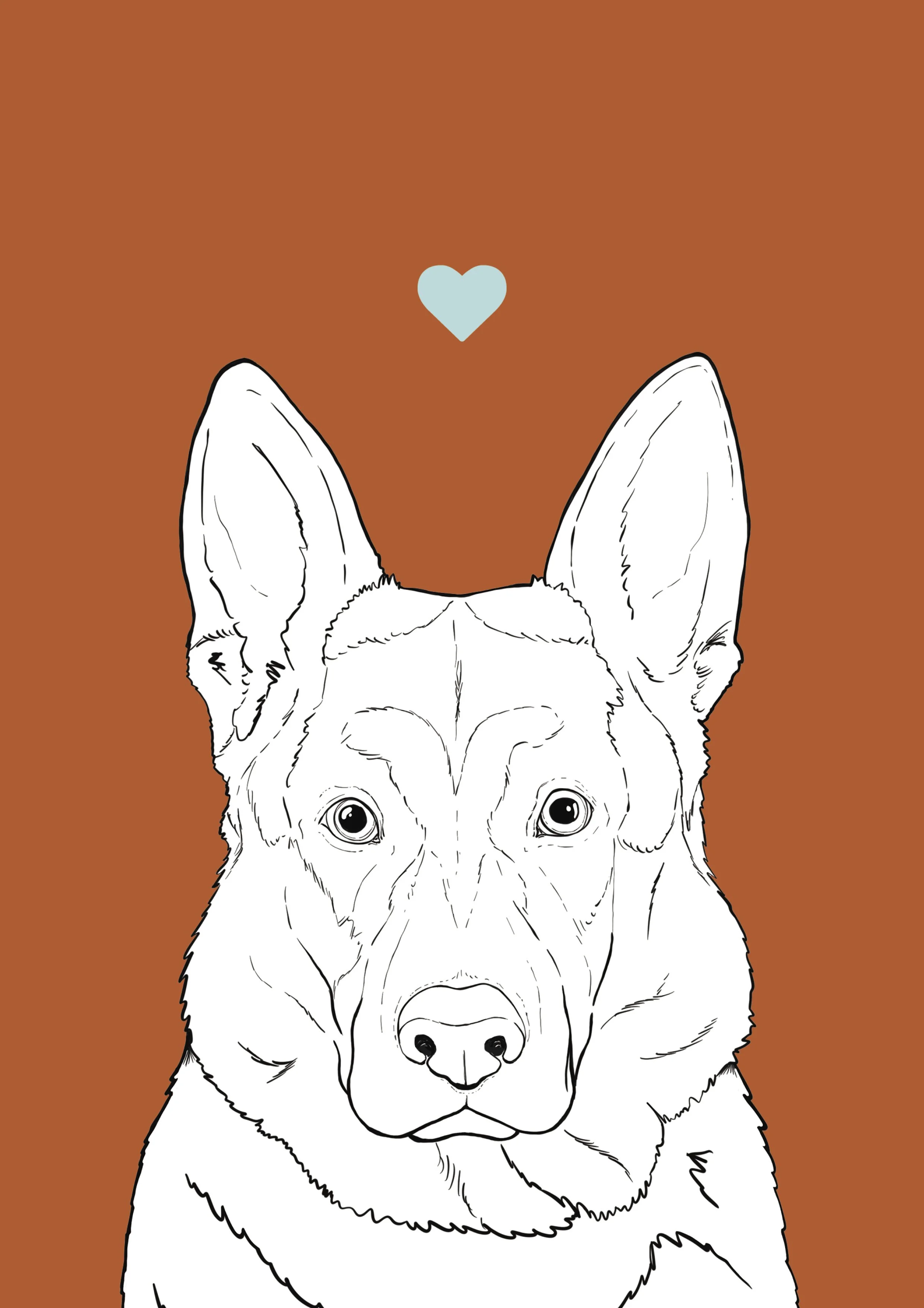 An A4 print with a rusty red background & black & white digital illustration of the head & shoulders of an Alsatian / German Shepherd dog. A small light blue love heart sits not far above their head.
