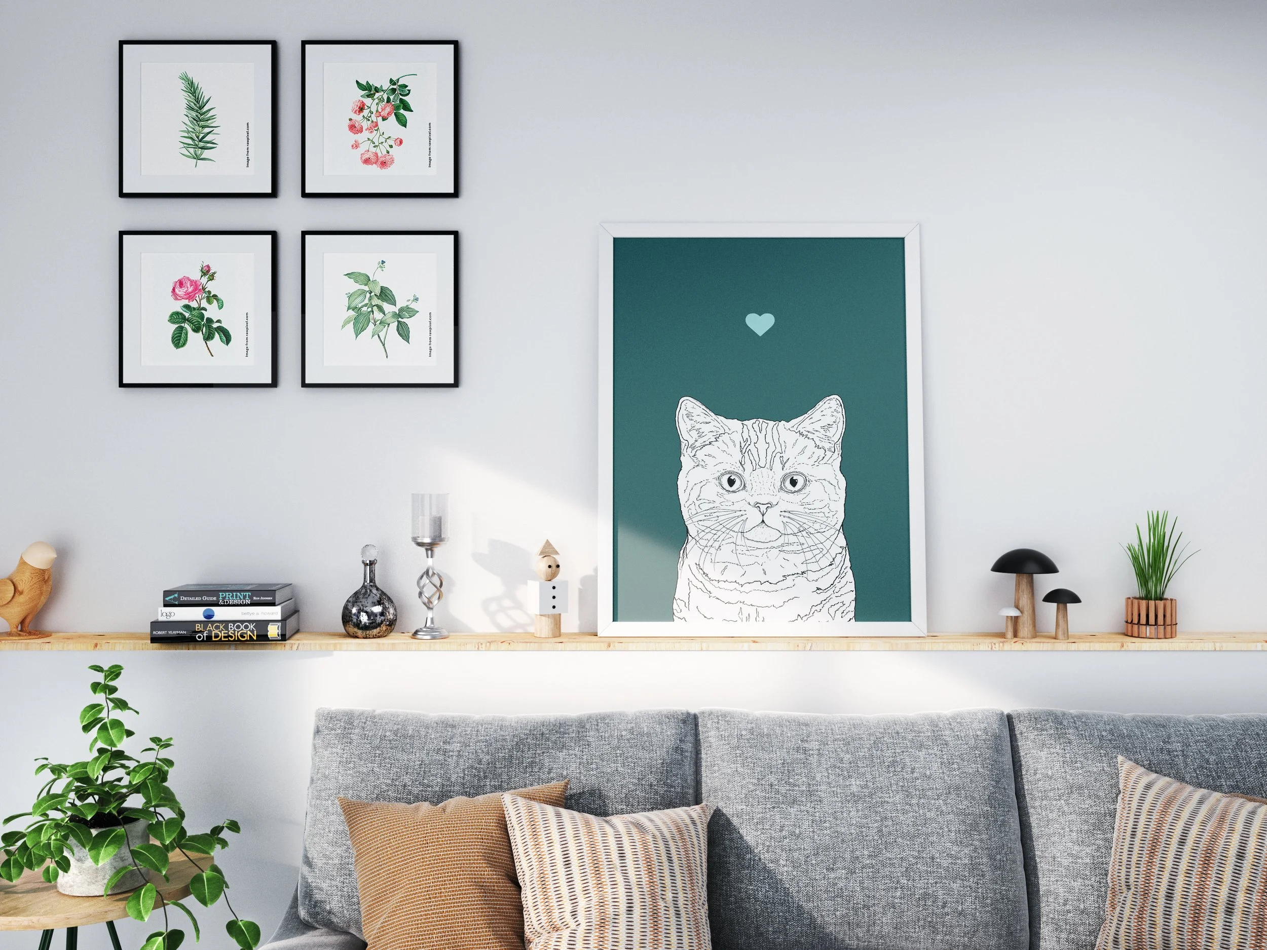 A4 black & white digital illustration of the head & shoulders of a stripey Moggie cat on a green background. Set on wooden shelf above a grey sofa.