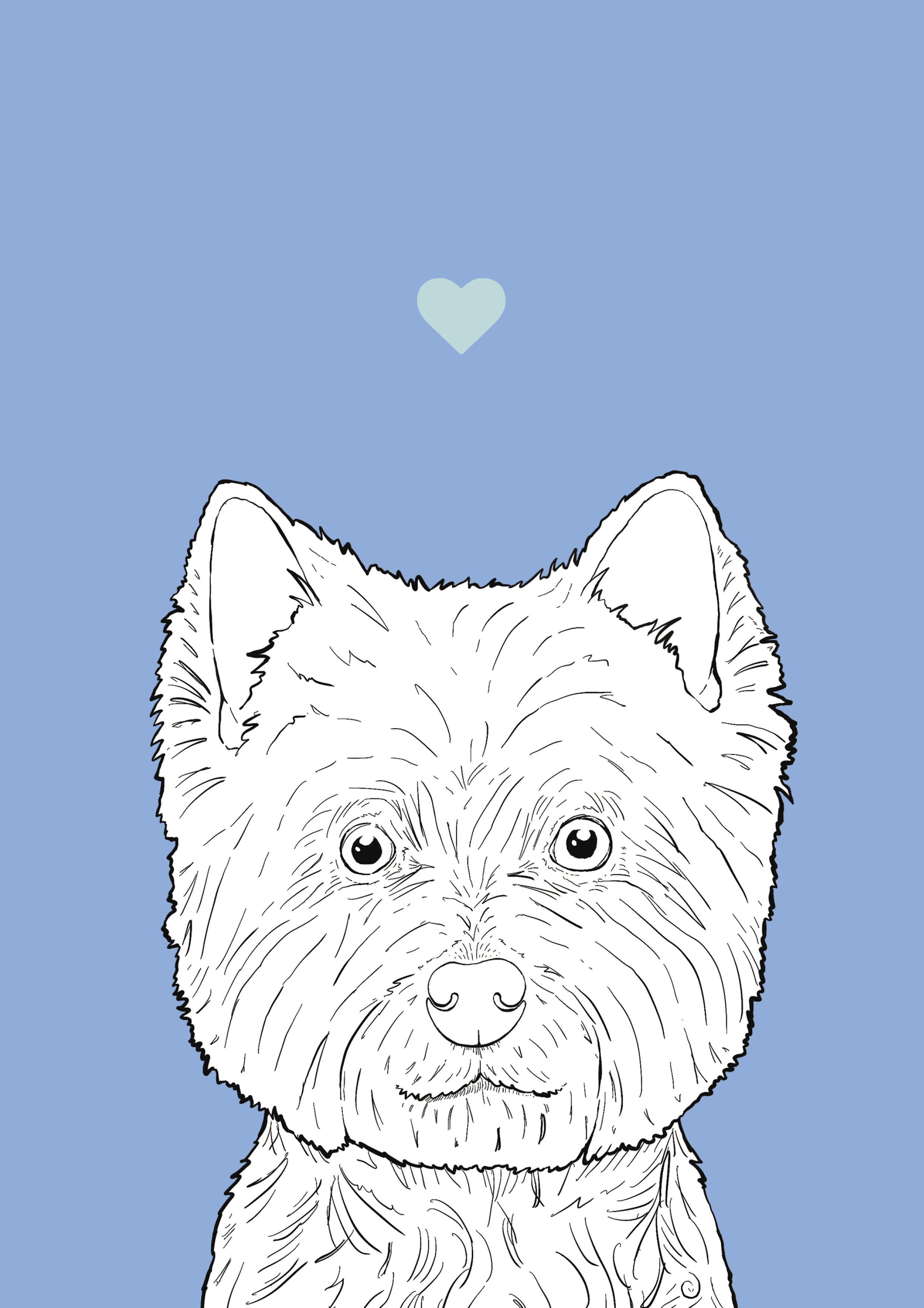 An A4 print with a pale blue background & black & white digital illustration of the head & shoulders of a Westie Terrier dog. A small light blue love heart sits not far above their head.