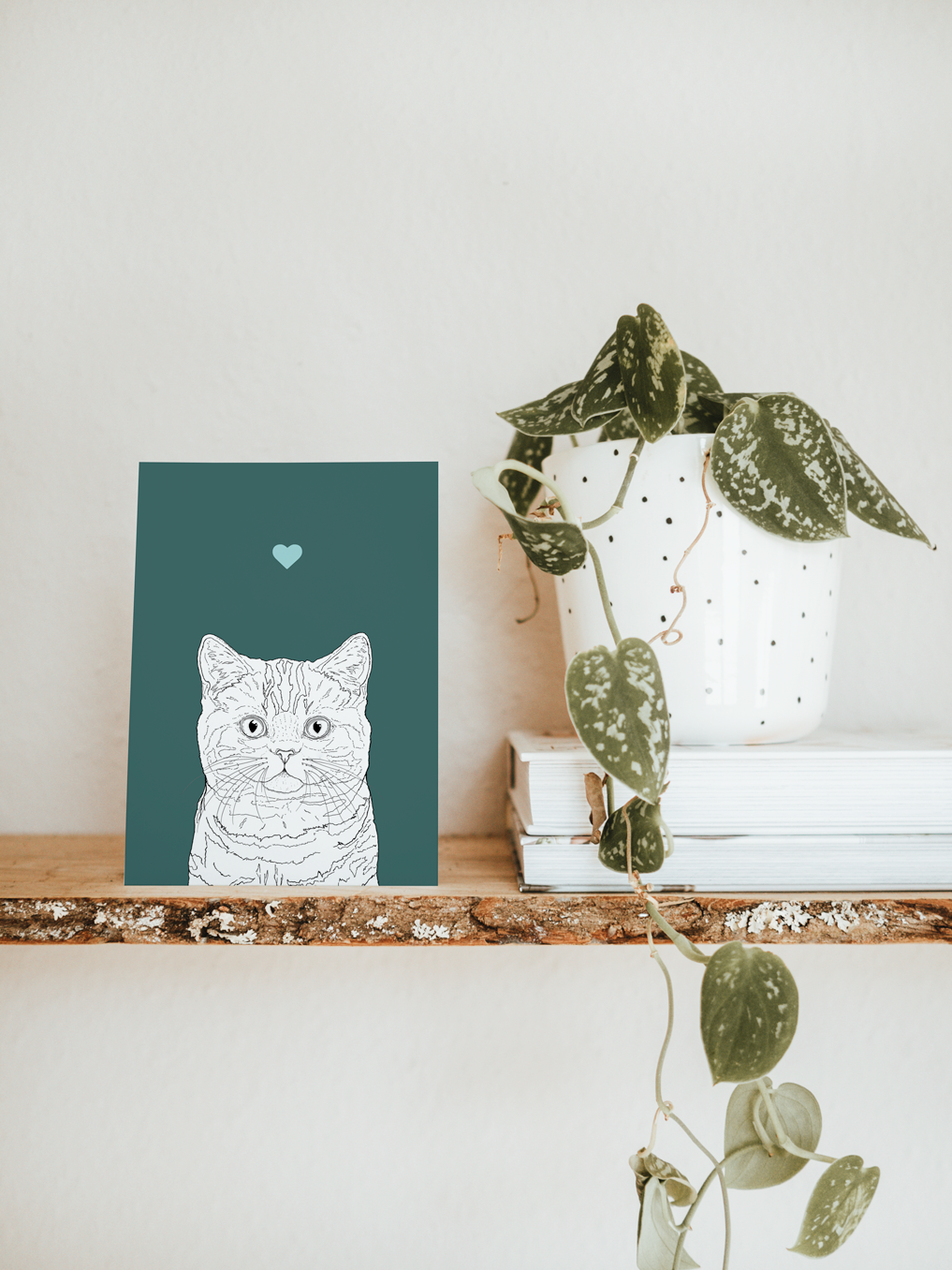 An A6 greetings card & white plant pot on a shelf. The card has a deep green coloured background, with a black & white digital illustration of the head & shoulders of a stripy Moggie cat.
