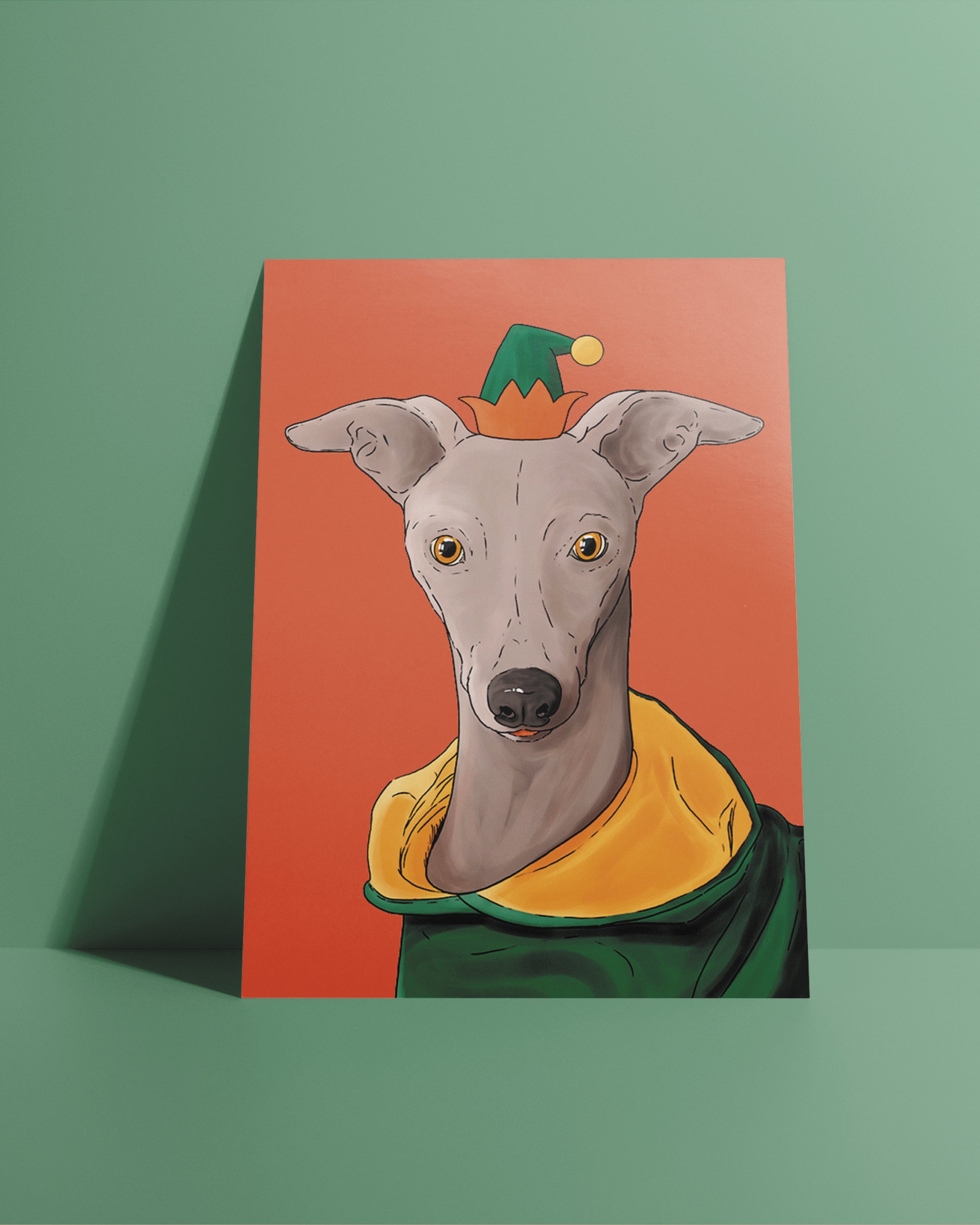 A6 Dog Christmas Card, bright digital illustration of a Whippet dog in a green & red elf hat! Set on a flat red background.