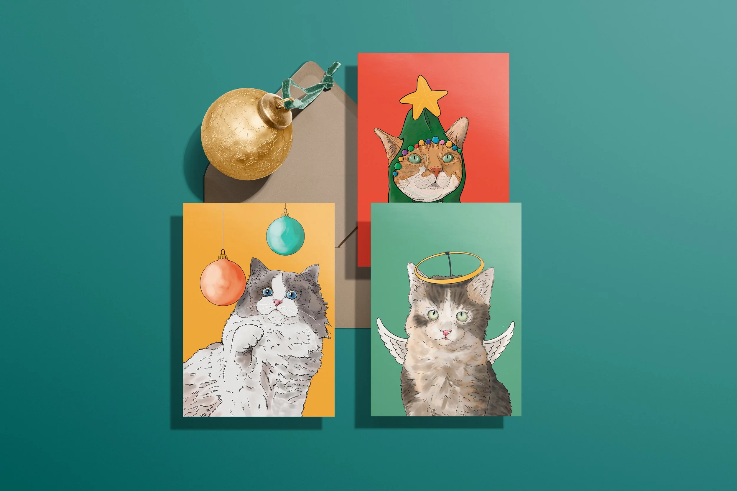 3 x A6 Cat Christmas Cards, bright digital illustrations including a ginger cat in a green Christmas tree hat! Set on a flat turquoise background.