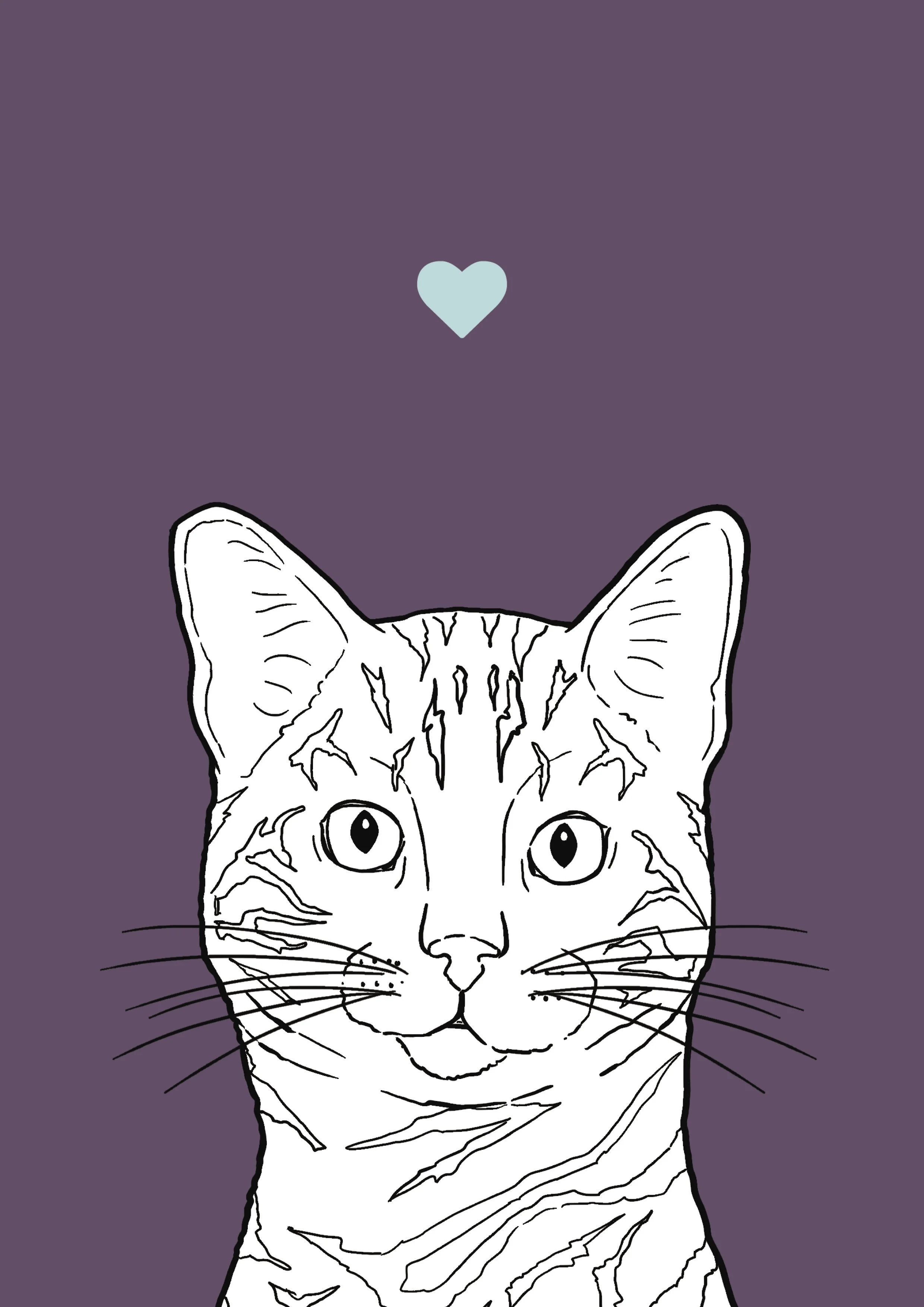 An A4 print with a purple background & black & white digital illustration of the head & shoulders of a Bengal cat. A small light blue love heart sits not far above their head.