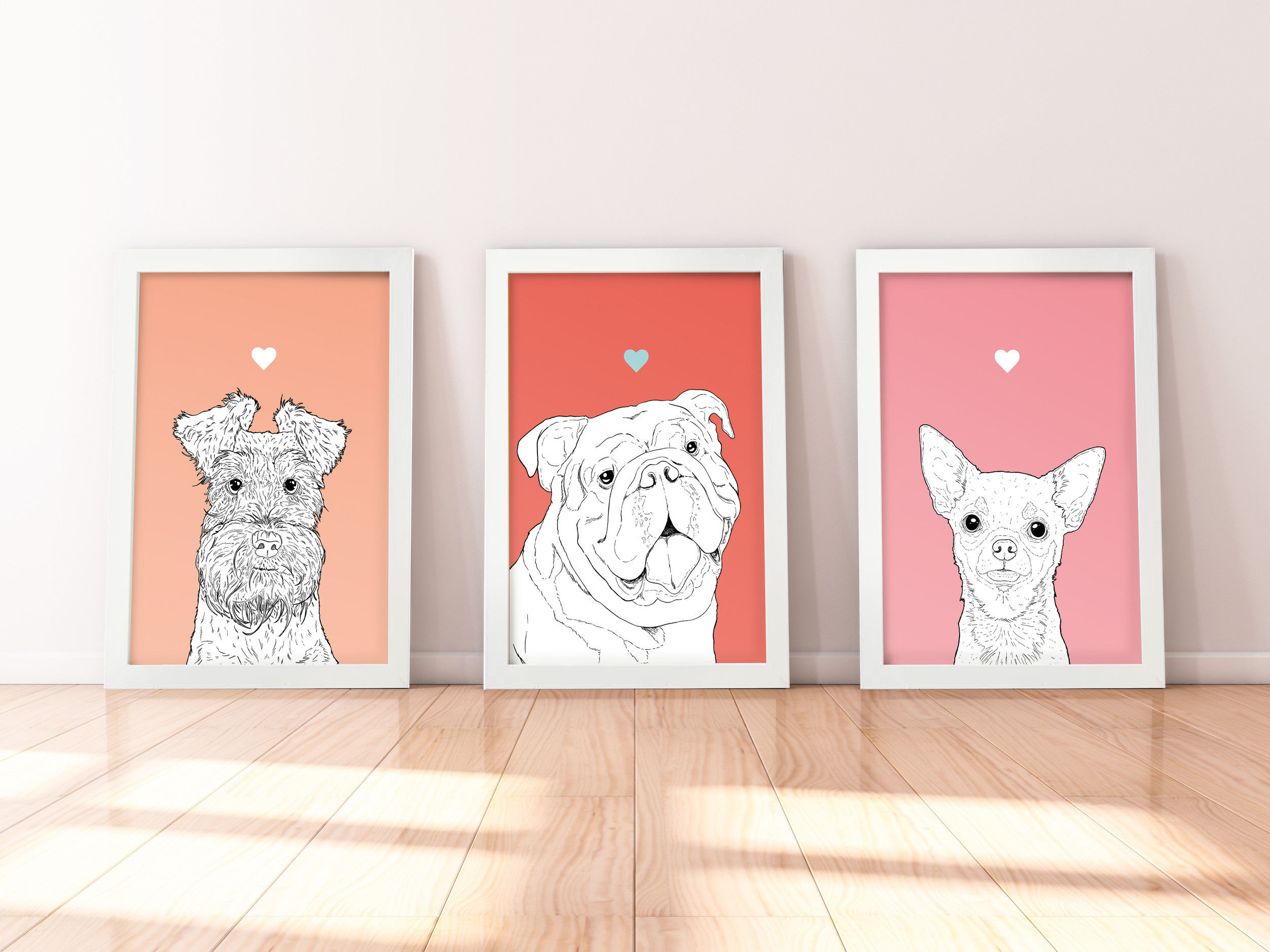 A trio of A4 prints in white wooden frames leaning against a white wall. Each has a black & white digital illustration of the head & shoulders of a different dog breed: Shnauzer, Bulldog & Chihuahua.