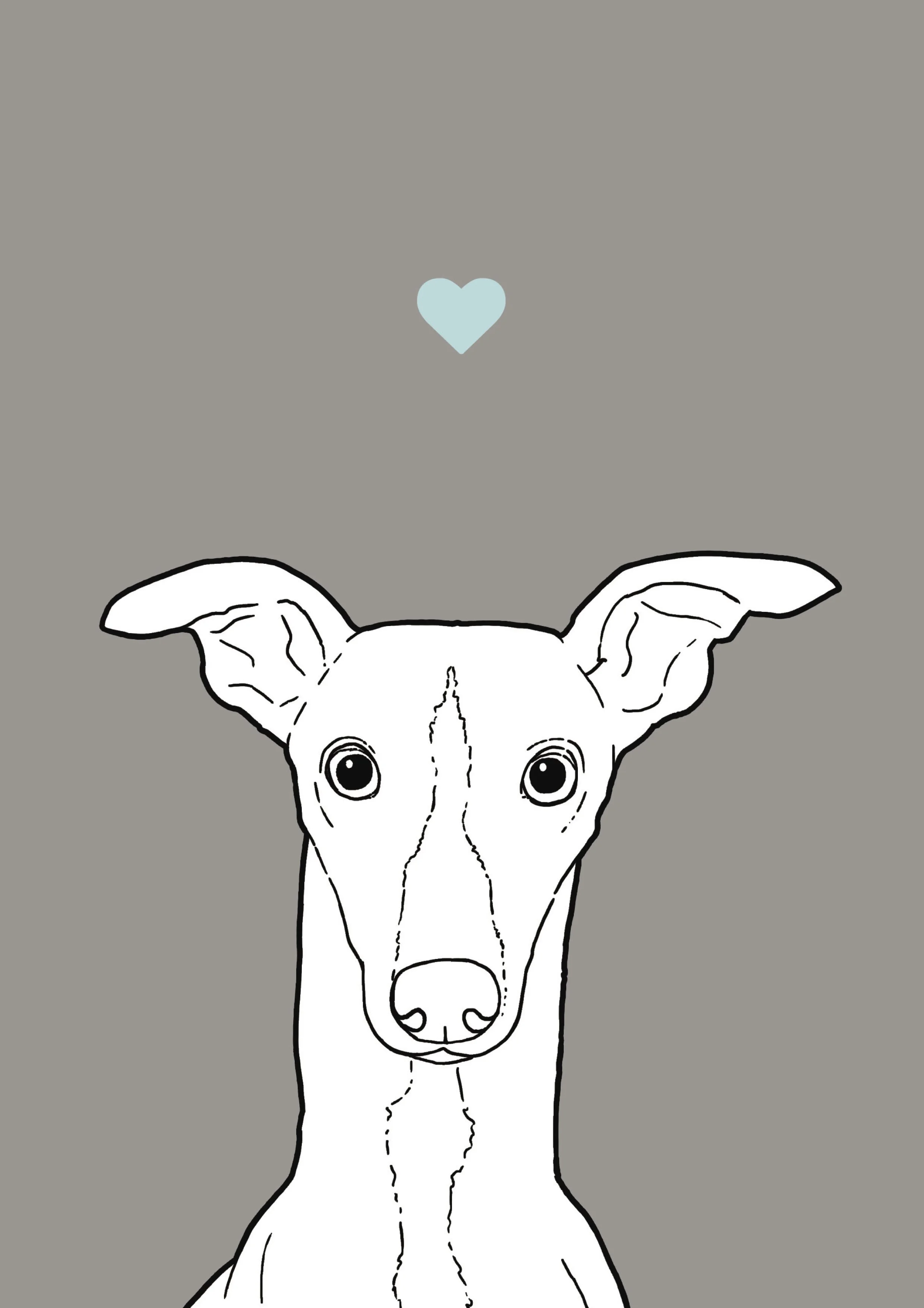 An A4 print with a grey background & black & white digital illustration of the head & shoulders of a Whippet dog. A small light blue love heart sits not far above their head.