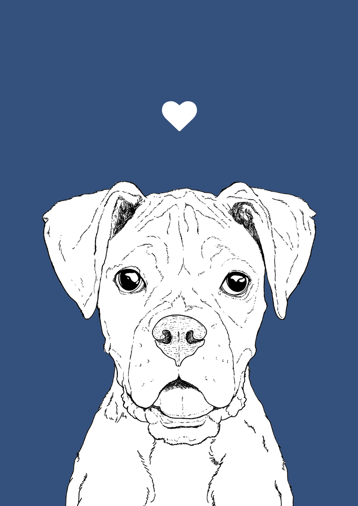 An A4 print with a navy blue background & black & white digital illustration of the head & shoulders of a Boxer dog. A small light blue love heart sits not far above their head.